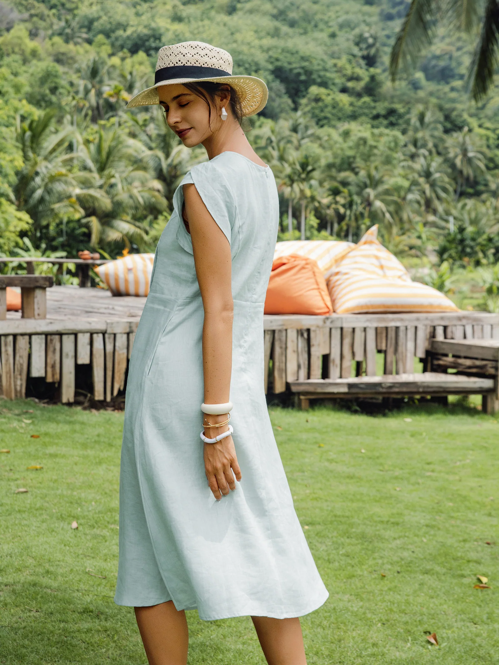 100% Linen Crescent Collar Flutter Sleeve Midi Dress FIONA - Image 15