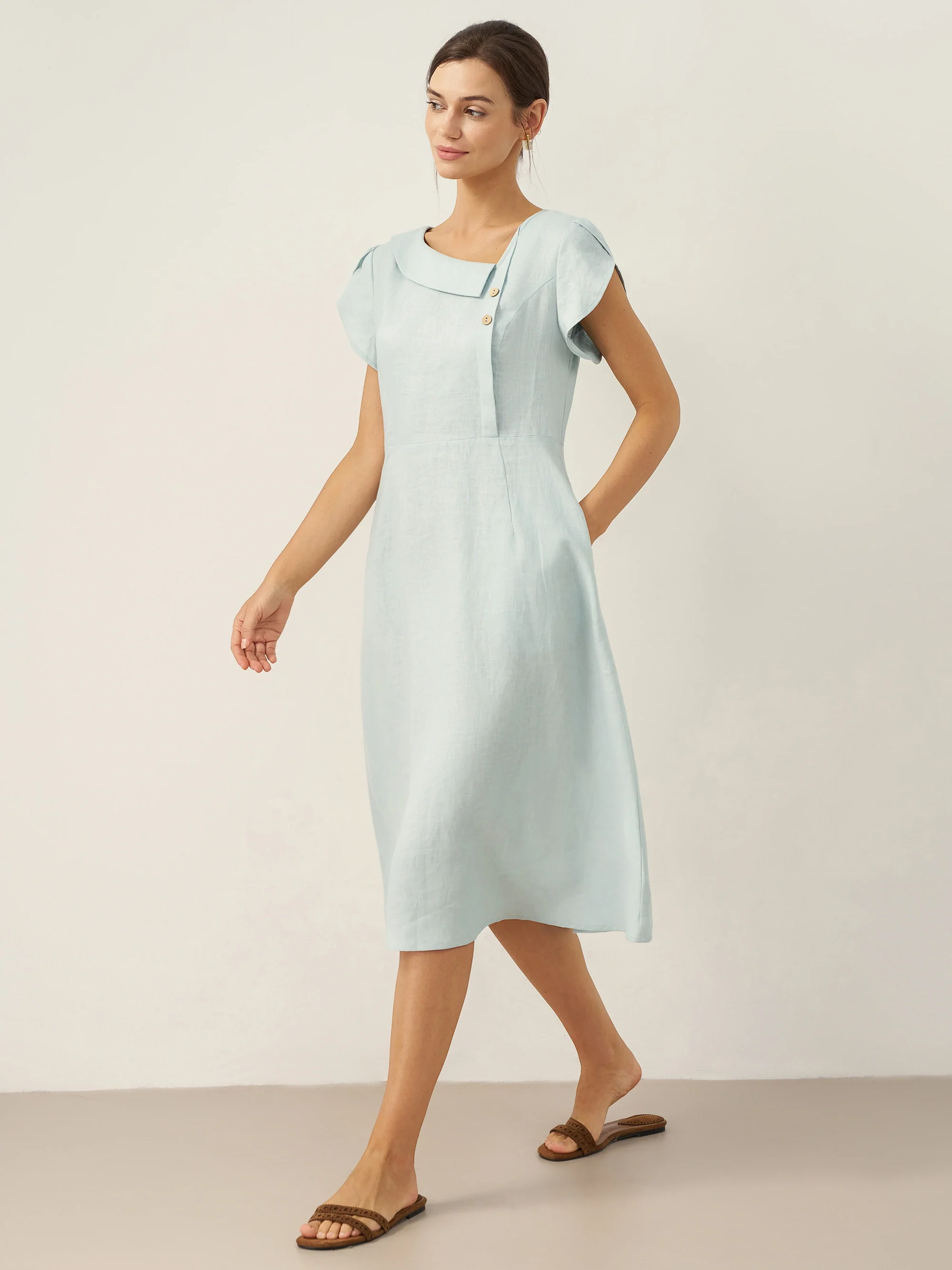 100% Linen Crescent Collar Flutter Sleeve Midi Dress FIONA - Image 16