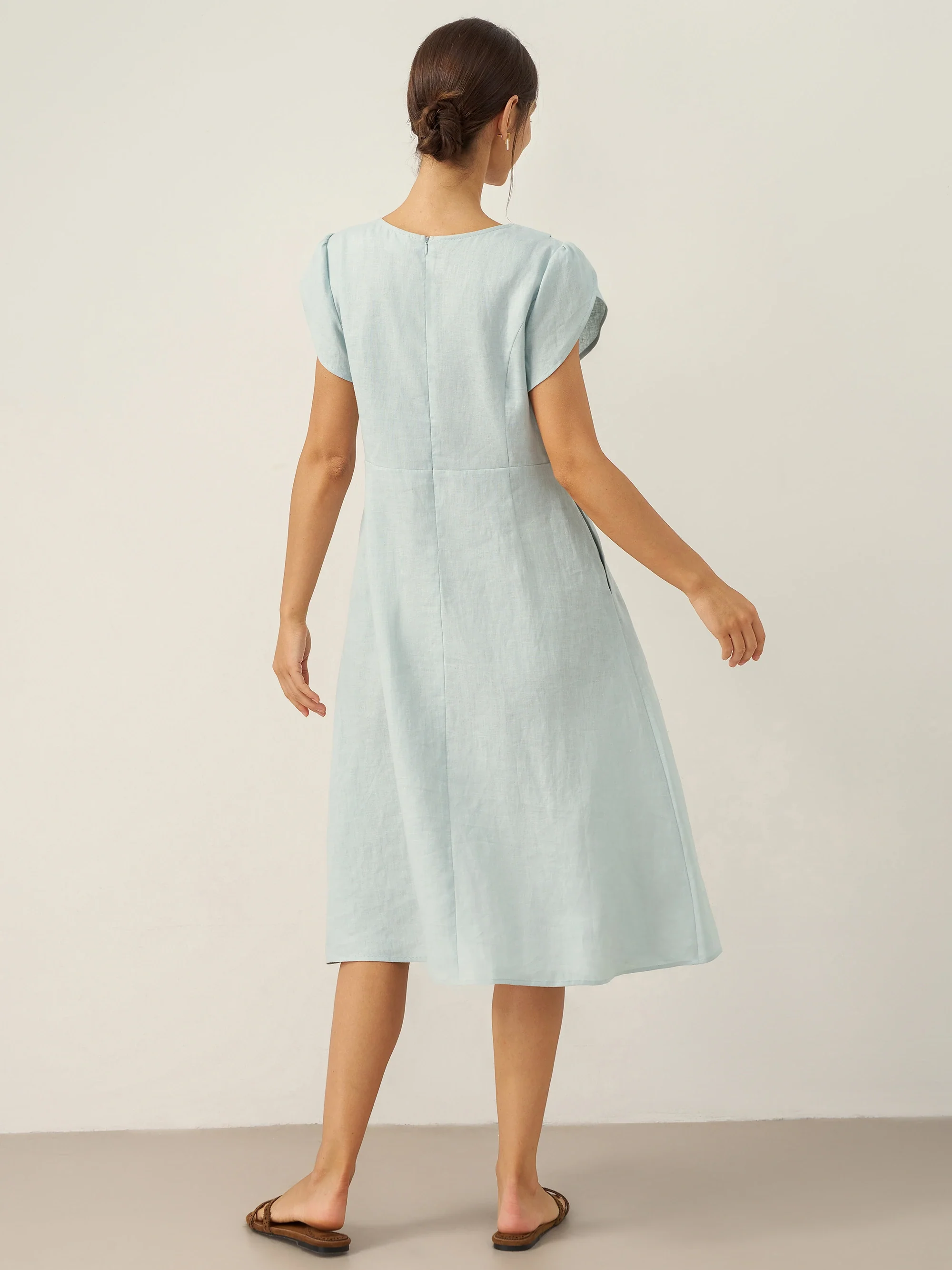 100% Linen Crescent Collar Flutter Sleeve Midi Dress FIONA - Image 17