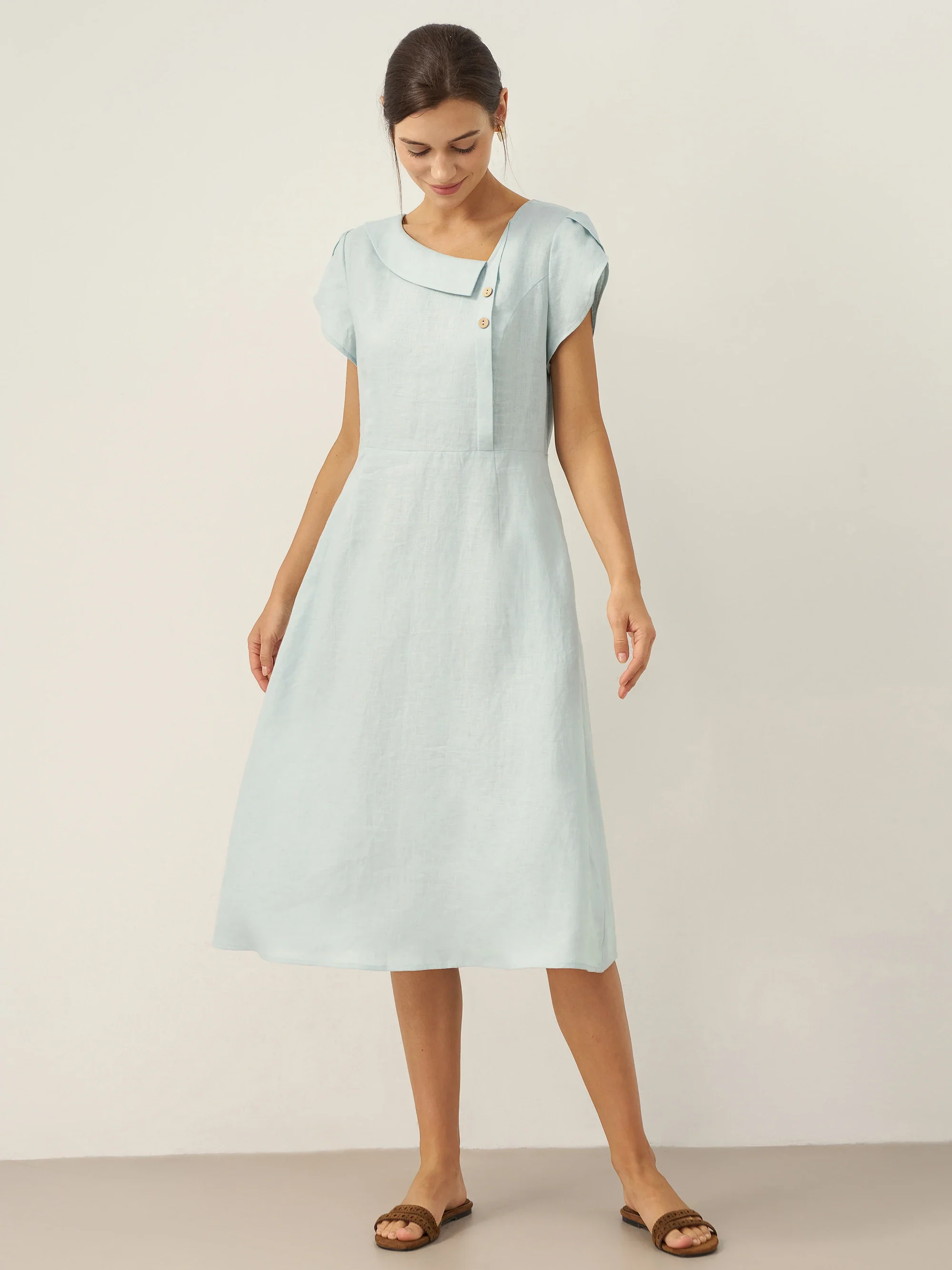 100% Linen Crescent Collar Flutter Sleeve Midi Dress FIONA - Image 18