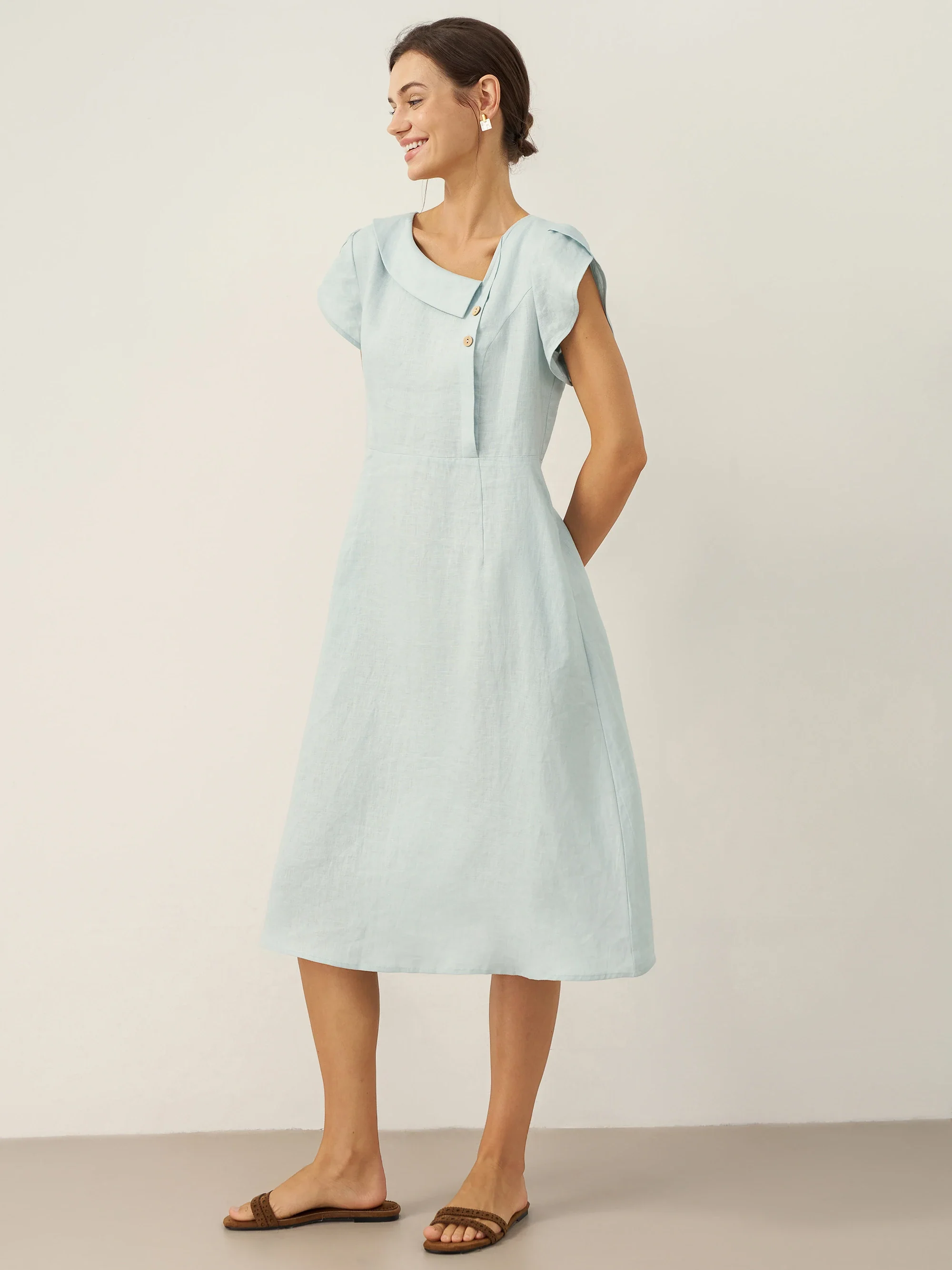 100% Linen Crescent Collar Flutter Sleeve Midi Dress FIONA - Image 19