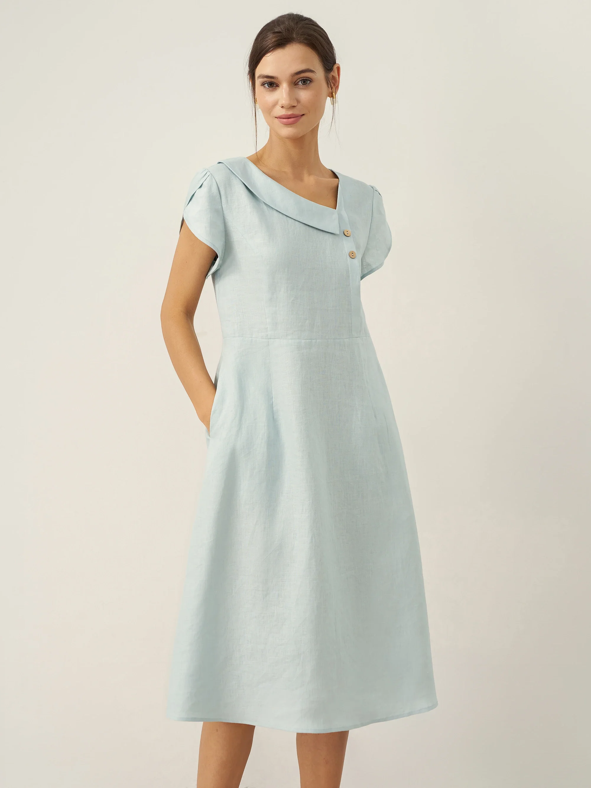 100% Linen Crescent Collar Flutter Sleeve Midi Dress FIONA - Image 20