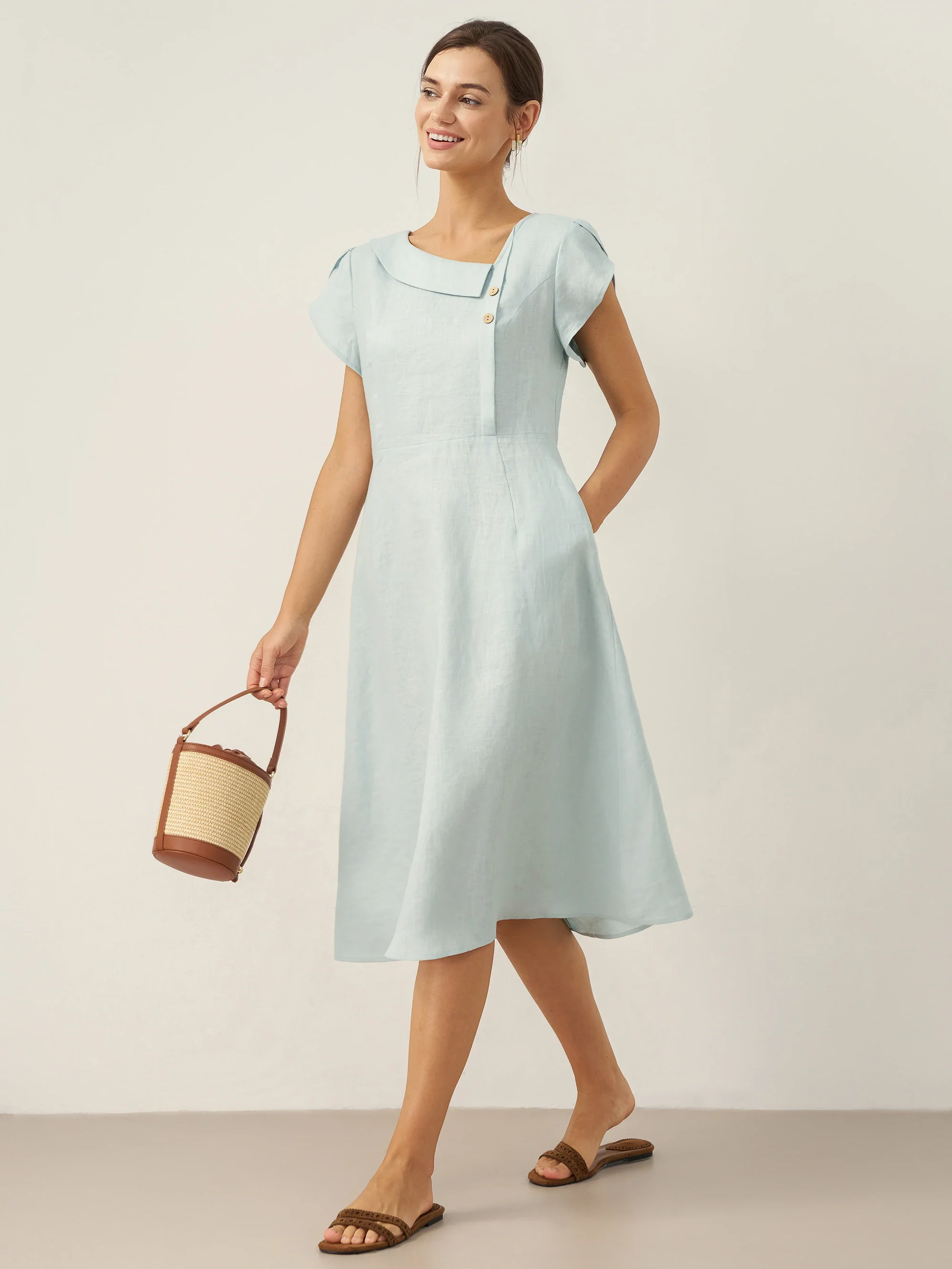 100% Linen Crescent Collar Flutter Sleeve Midi Dress FIONA - Image 21
