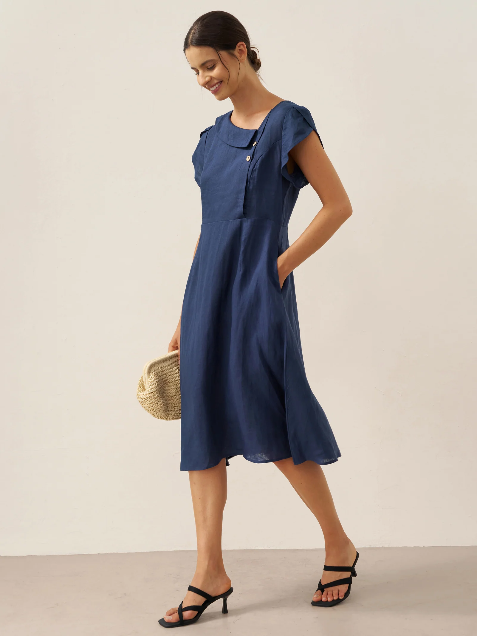 100% Linen Crescent Collar Flutter Sleeve Midi Dress FIONA - Image 4