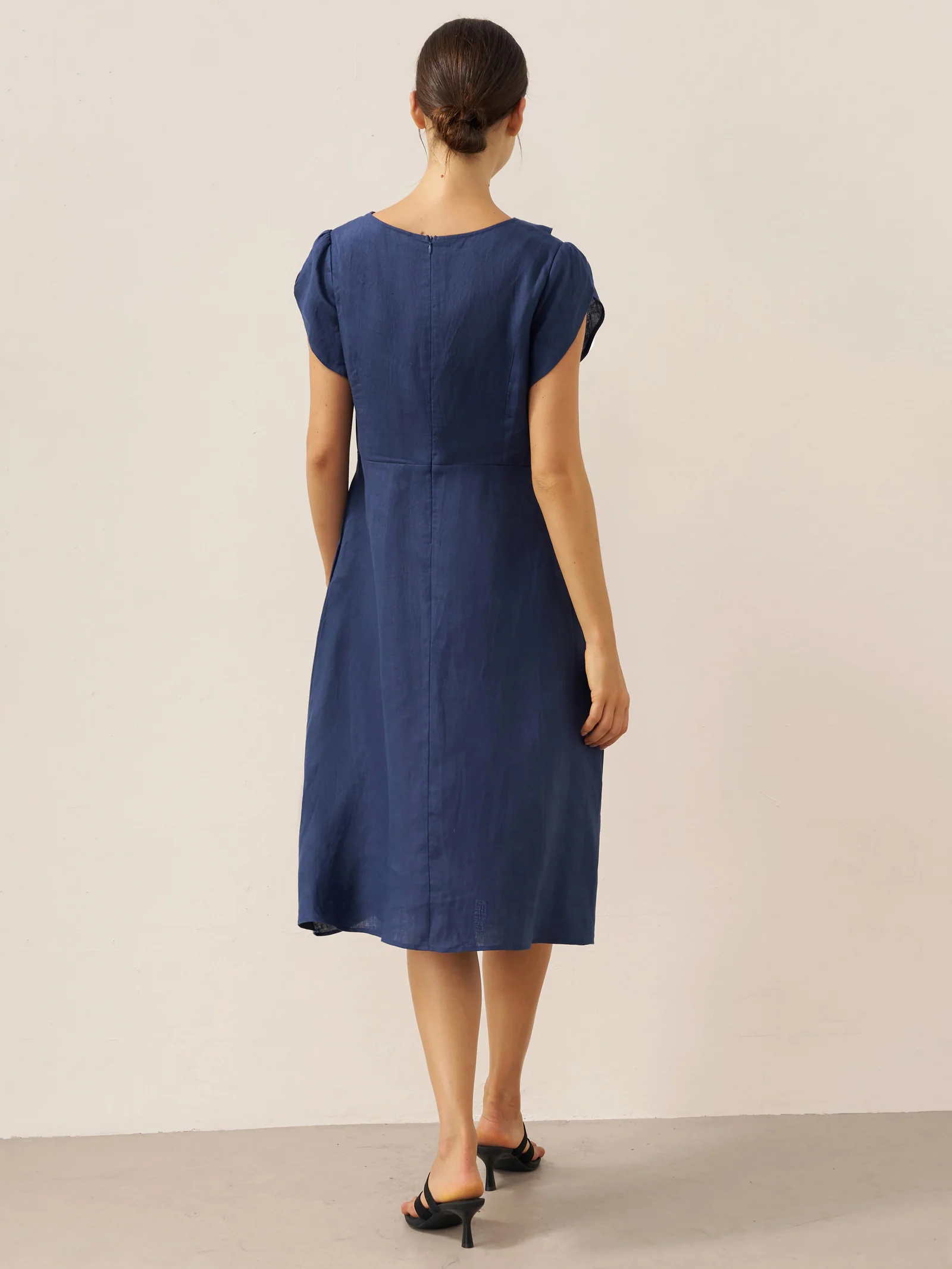 100% Linen Crescent Collar Flutter Sleeve Midi Dress FIONA - Image 5