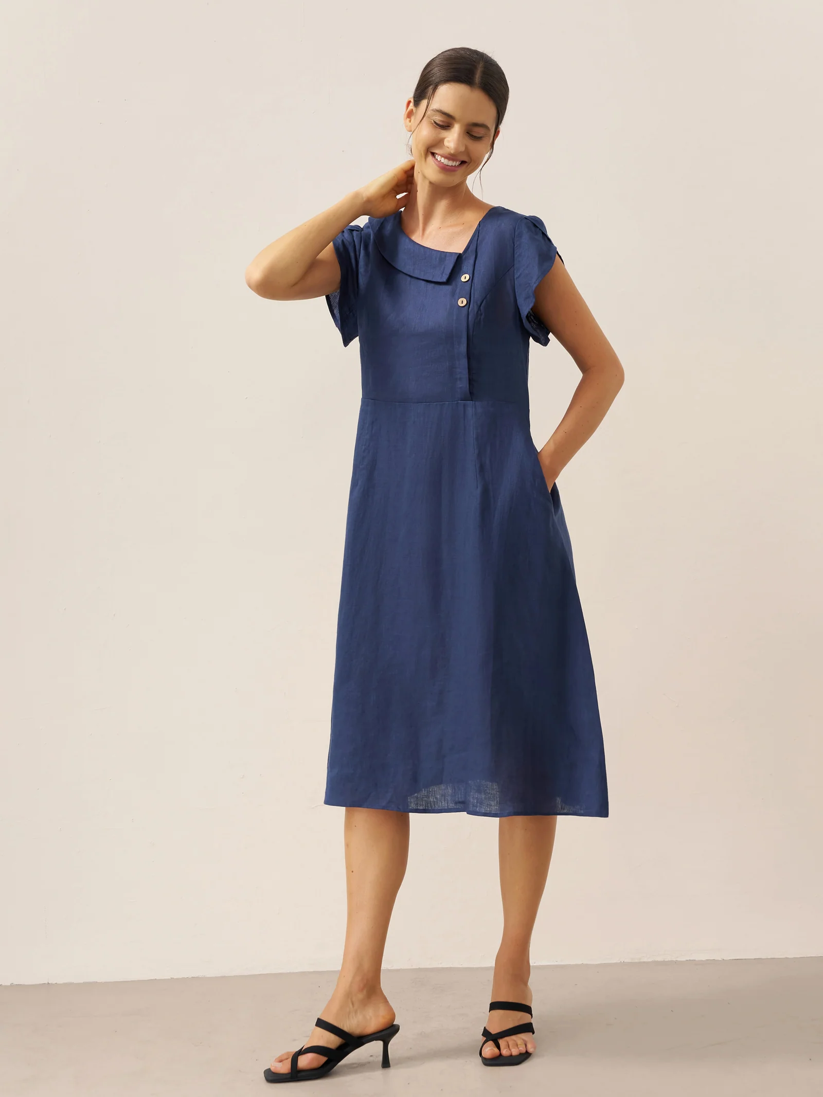 100% Linen Crescent Collar Flutter Sleeve Midi Dress FIONA - Image 6