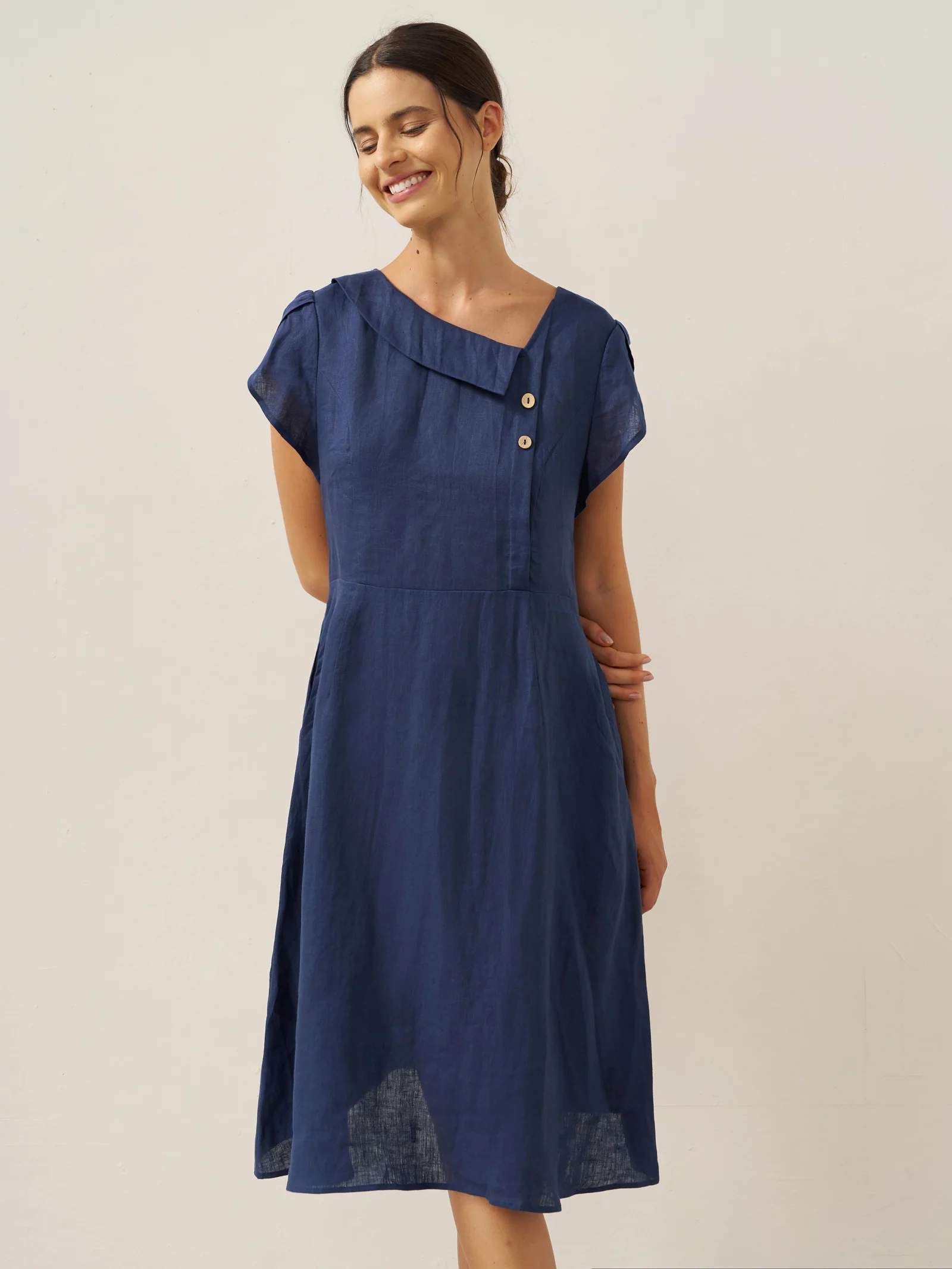 100% Linen Crescent Collar Flutter Sleeve Midi Dress FIONA - Image 7