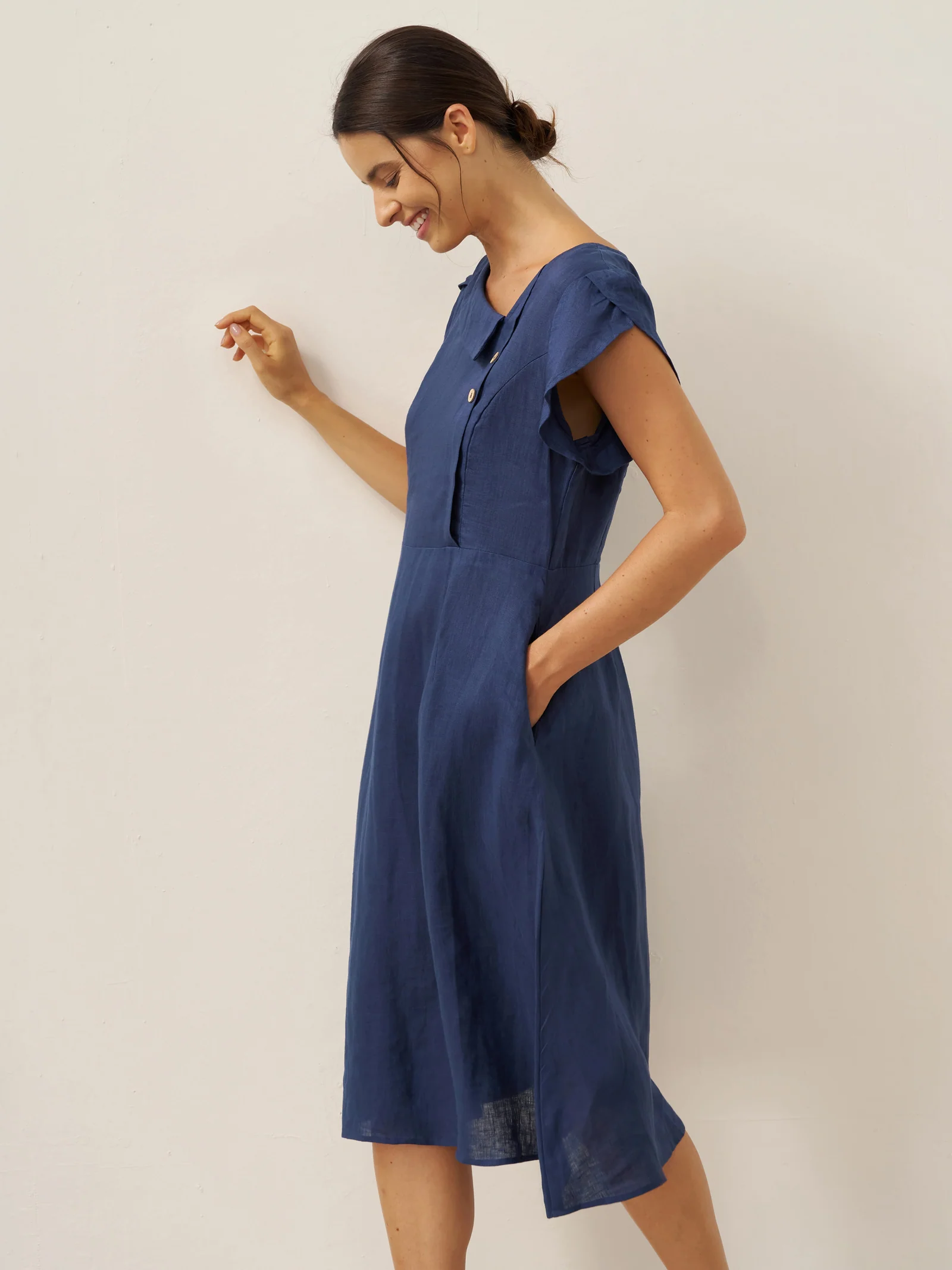 100% Linen Crescent Collar Flutter Sleeve Midi Dress FIONA - Image 8