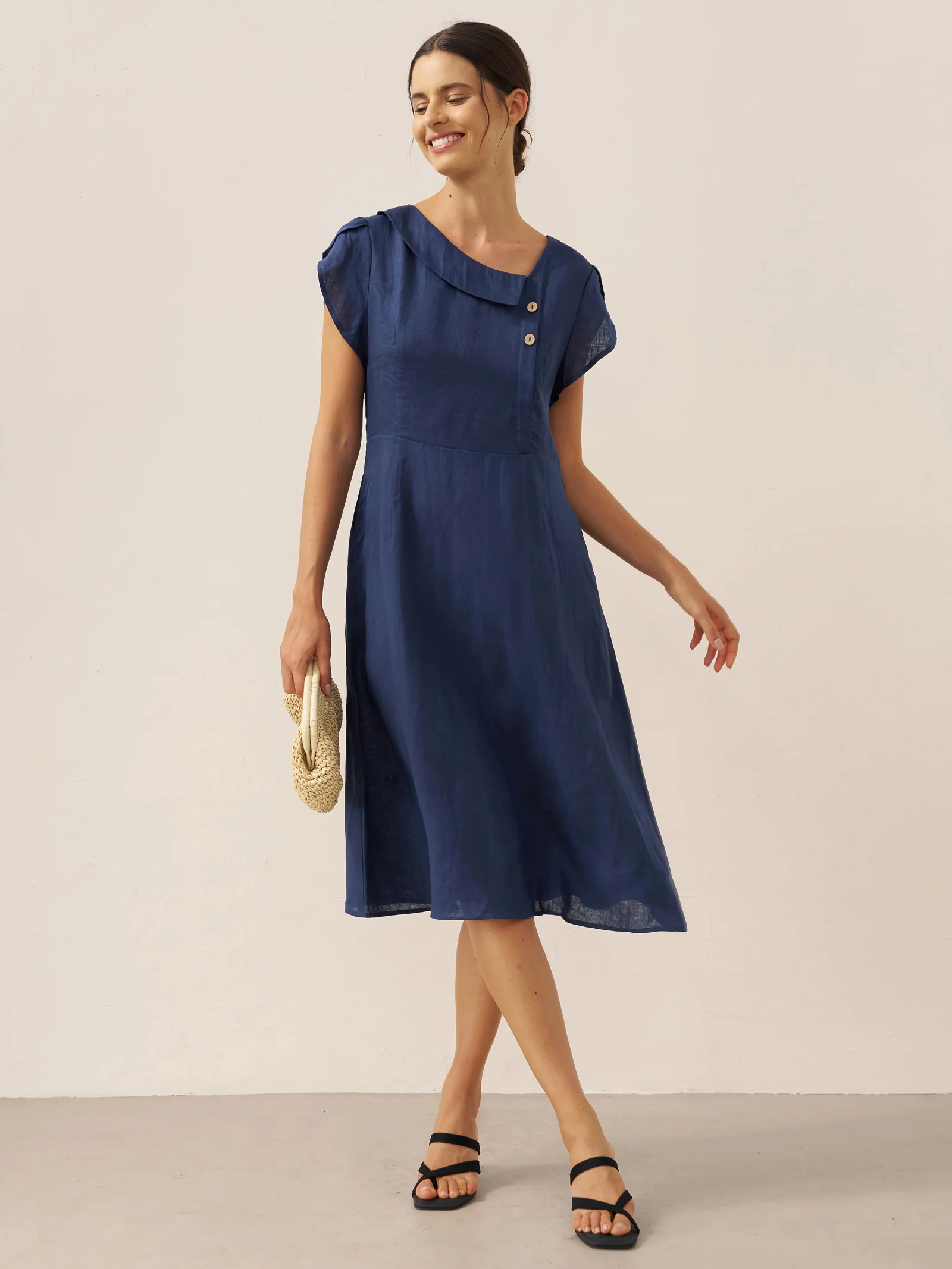 100% Linen Crescent Collar Flutter Sleeve Midi Dress FIONA - Image 9