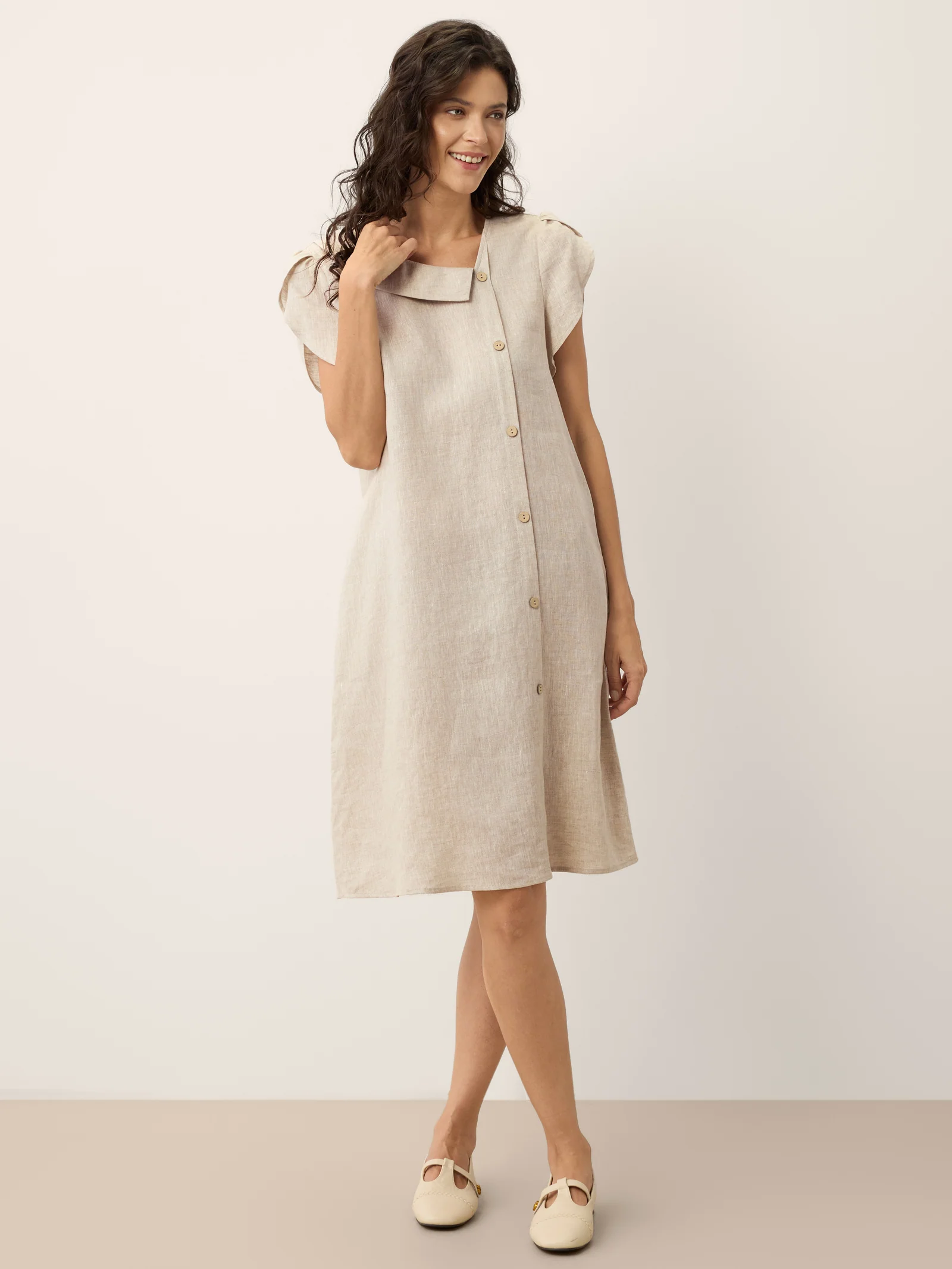 100% Linen Crescent Collar Ruffle Sleeve Mini Dress THERESA - Image 4