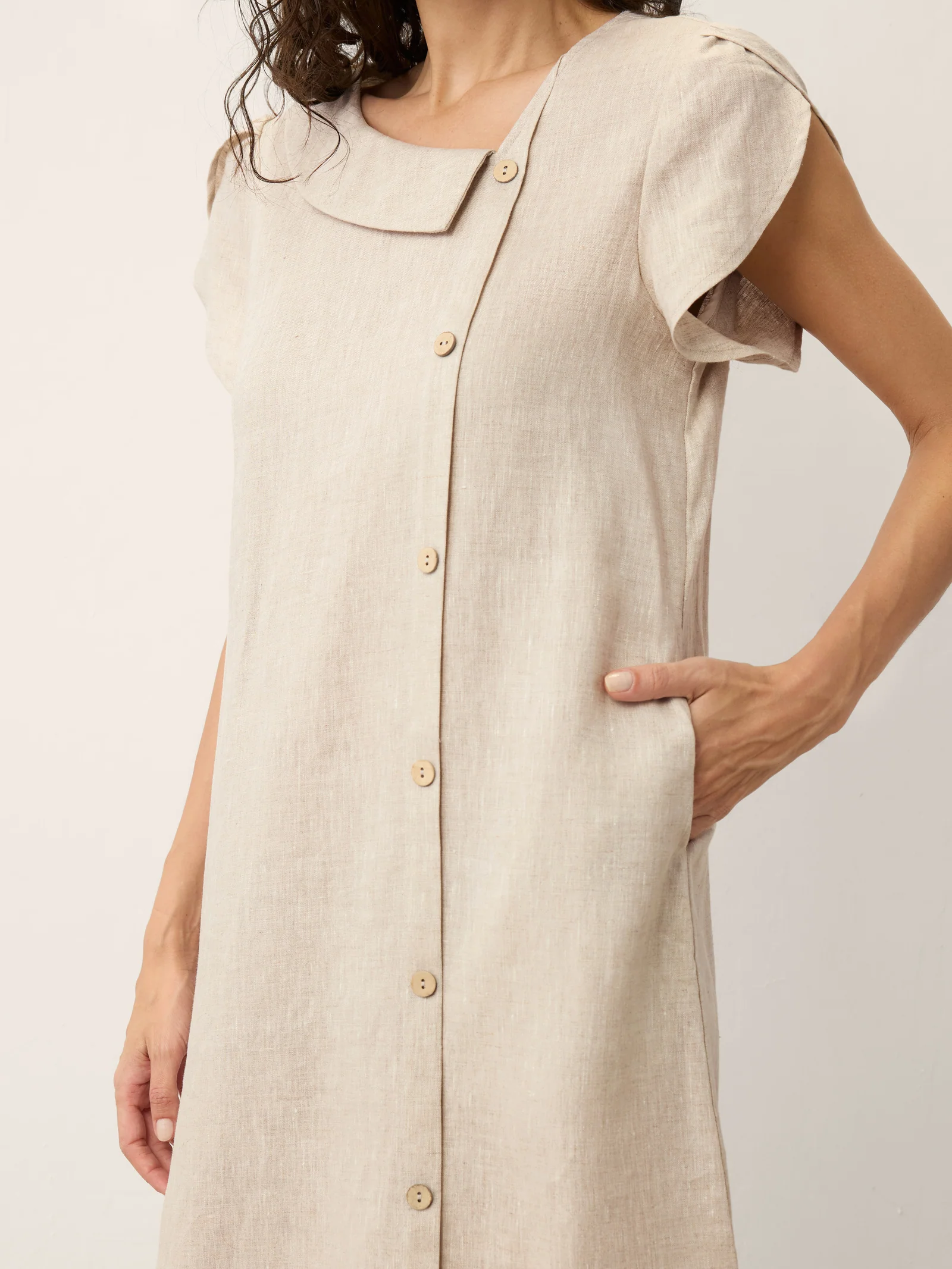 100% Linen Crescent Collar Ruffle Sleeve Mini Dress THERESA - Image 5