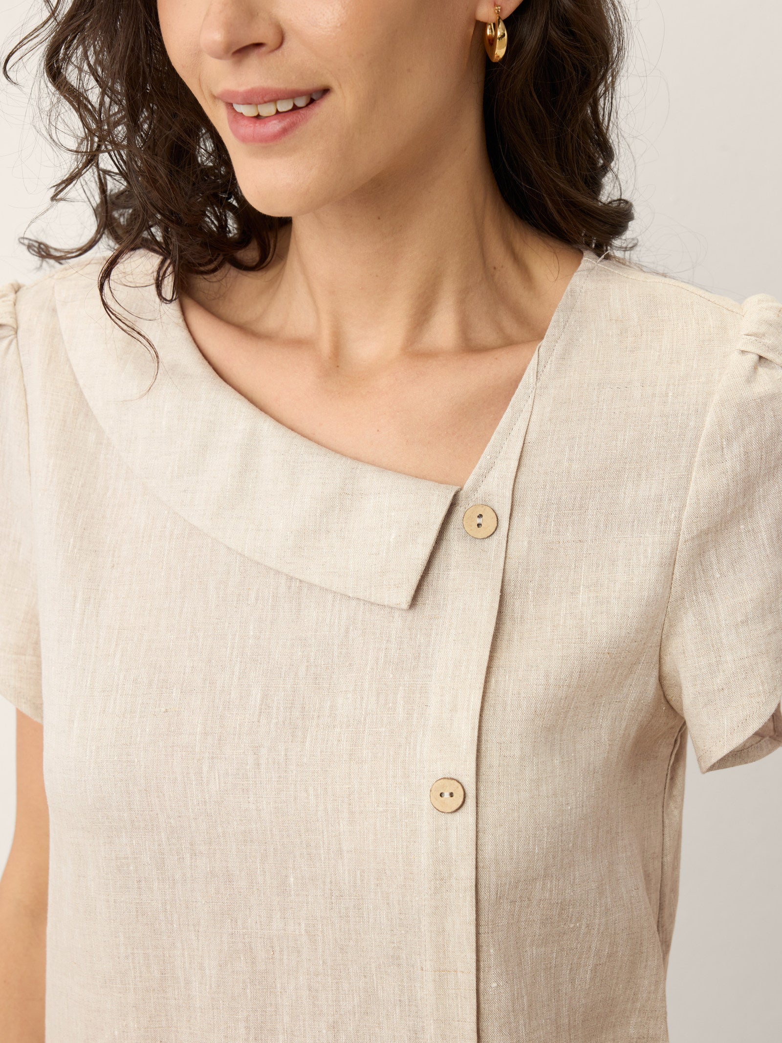 100% Linen Crescent Collar Ruffle Sleeve Mini Dress THERESA - Image 6