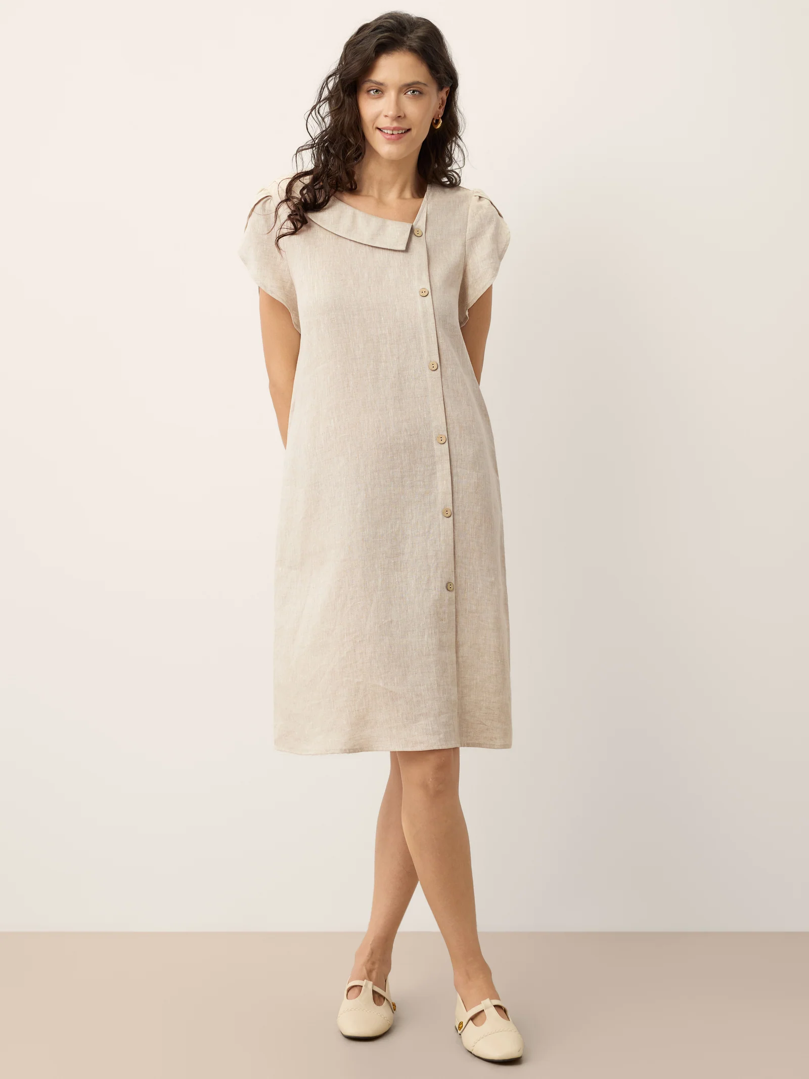 100% Linen Crescent Collar Ruffle Sleeve Mini Dress THERESA - Image 9