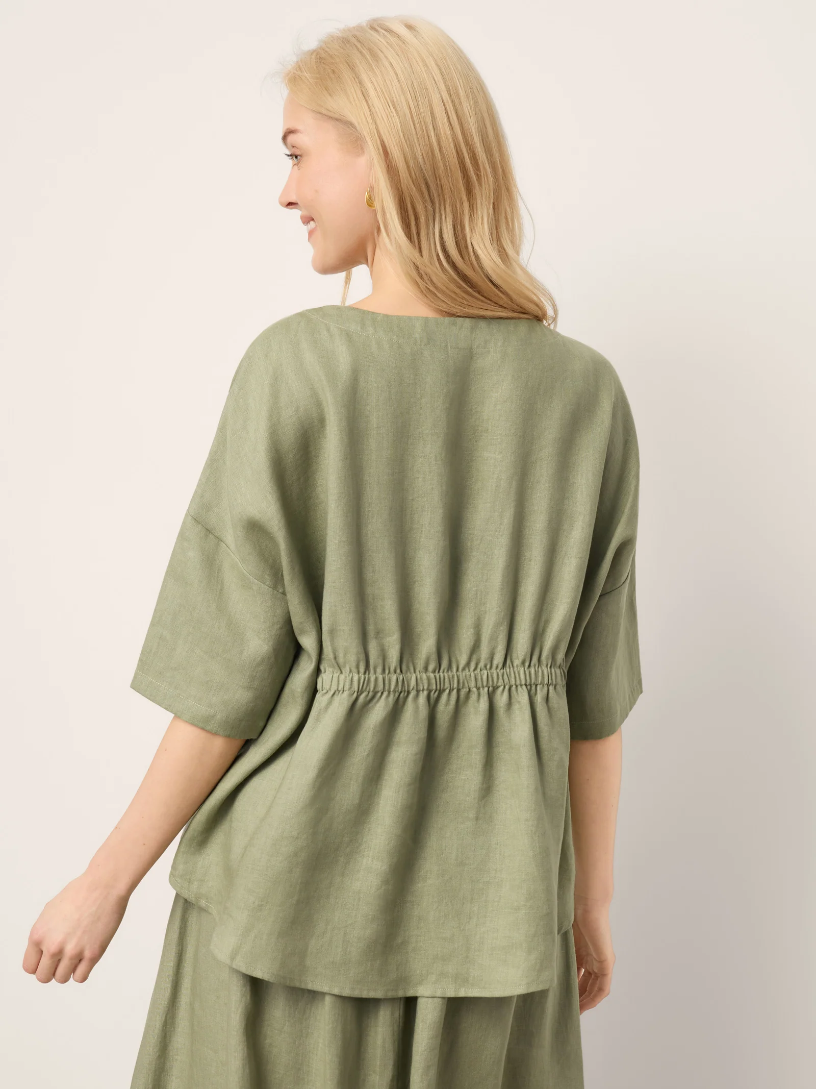 100% Linen Drop Shoulder Shirred Back High-Low Hem Top LINDSEY