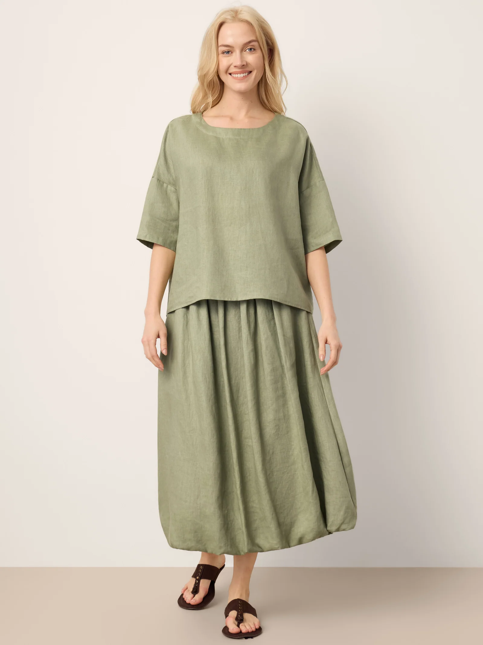 100% Linen Drop Shoulder Shirred Back High-Low Hem Top LINDSEY - Image 10