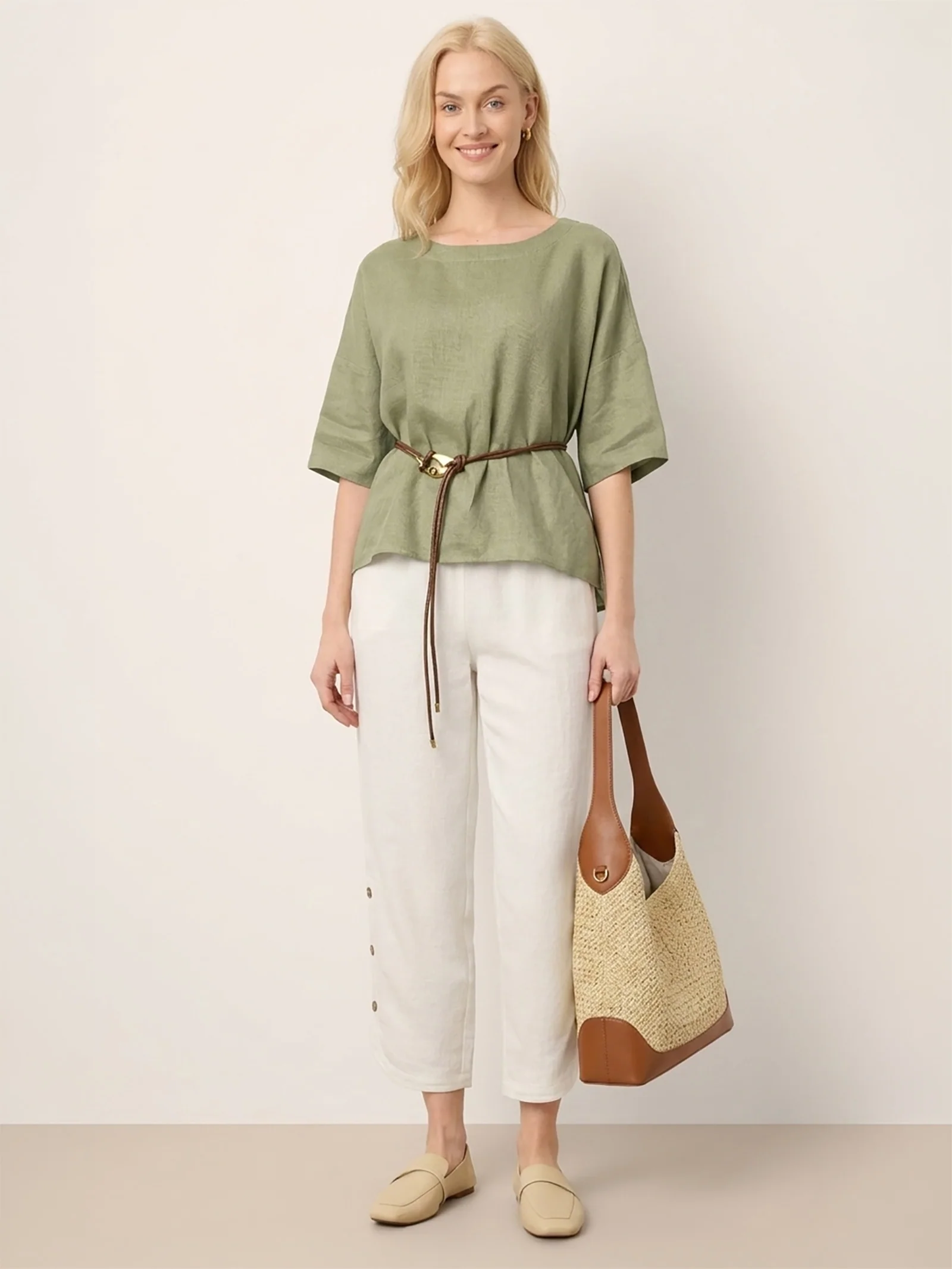 100% Linen Drop Shoulder Shirred Back High-Low Hem Top LINDSEY - Image 11