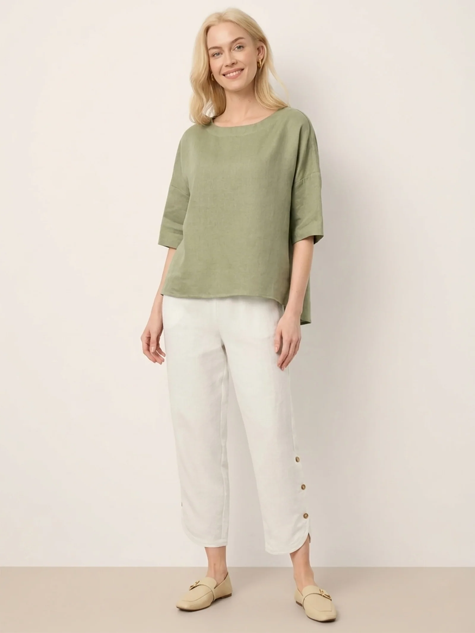 100% Linen Drop Shoulder Shirred Back High-Low Hem Top LINDSEY - Image 12
