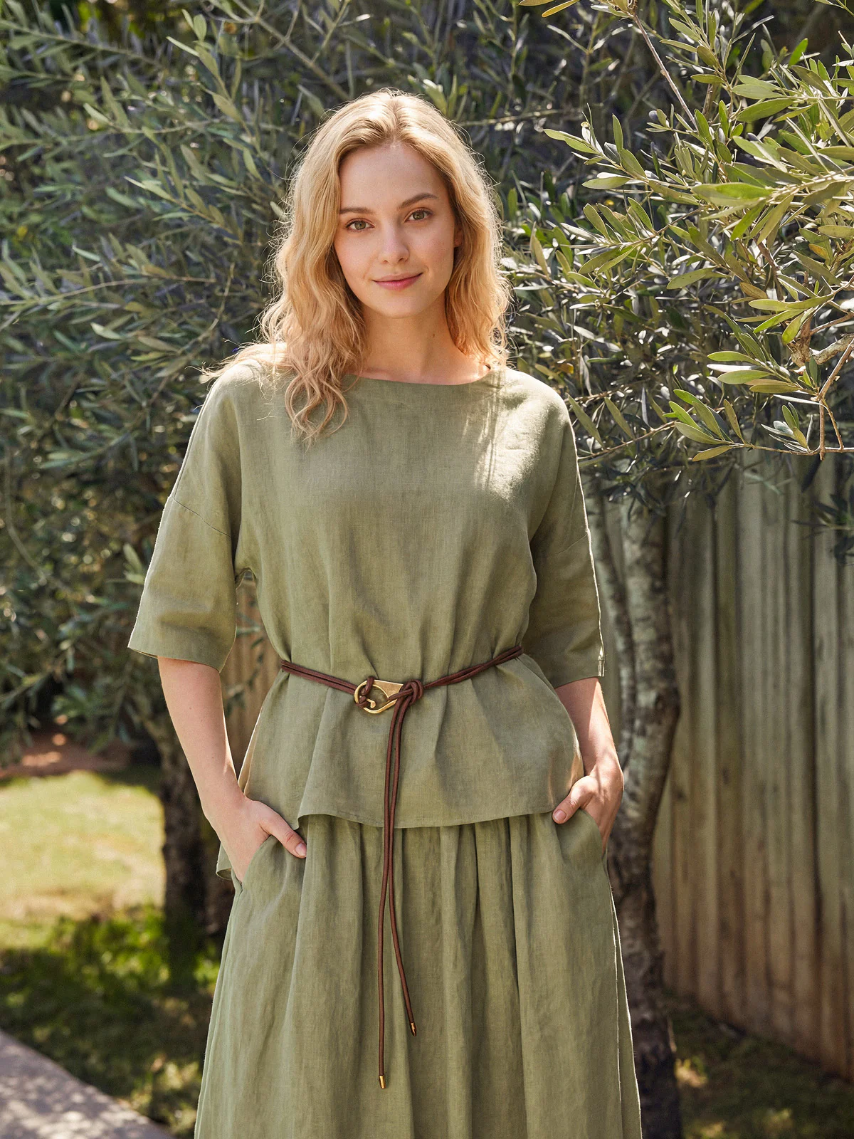 100% Linen Drop Shoulder Shirred Back High-Low Hem Top LINDSEY - Image 2