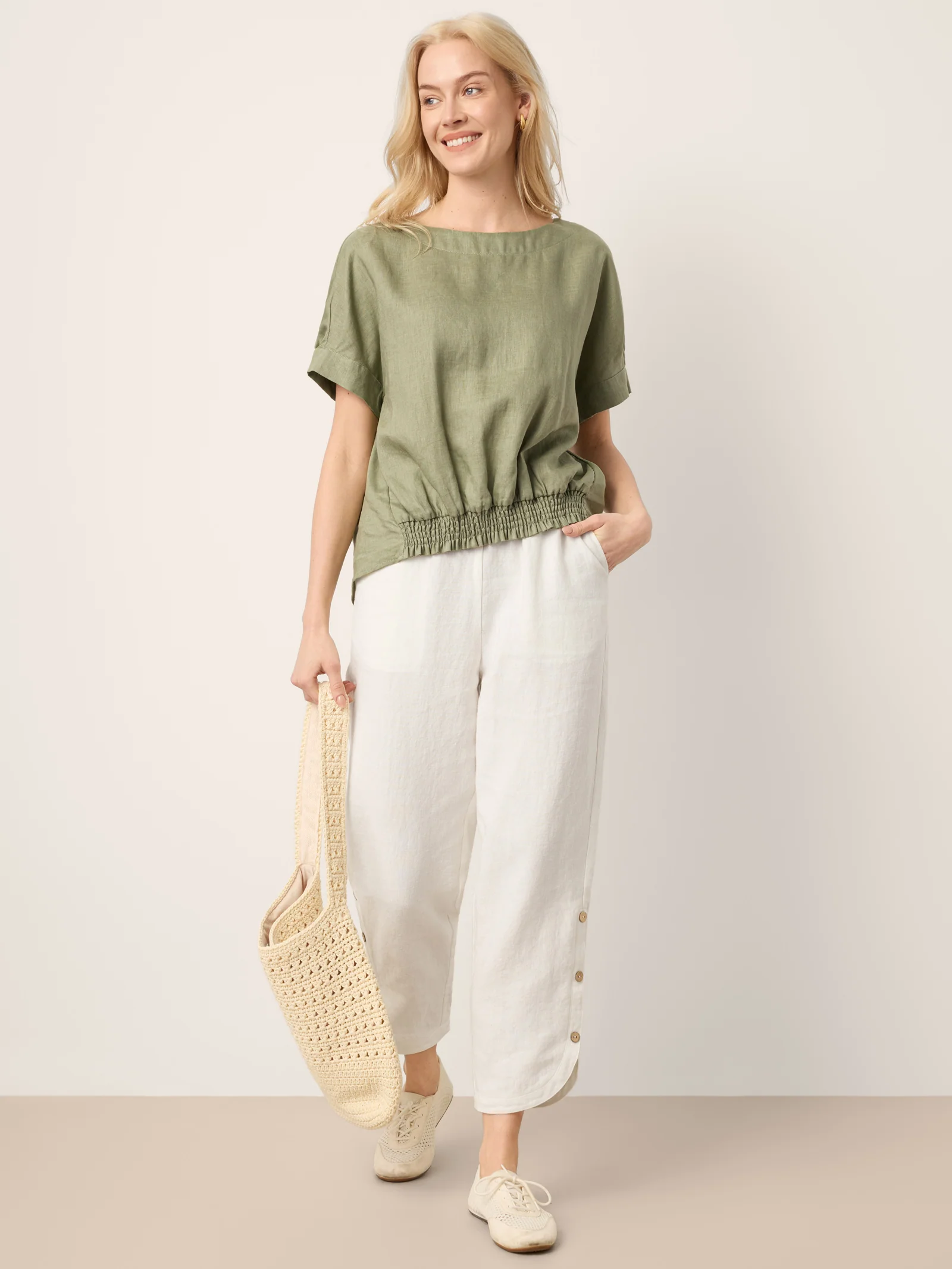 100% Linen Drop Shoulder Split-Back Double Shirred Hem Top LINDSEY - Image 10