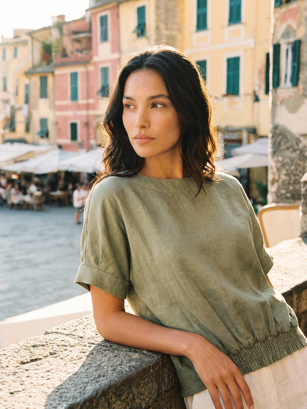 100% Linen Drop Shoulder Split-Back Double Shirred Hem Top LINDSEY - Image 2