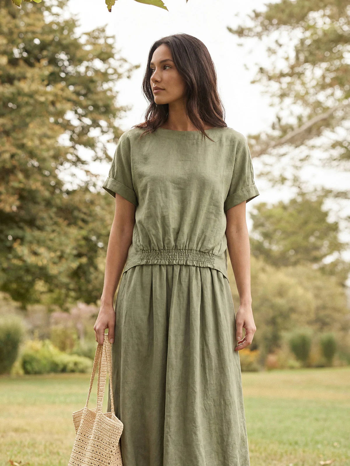 100% Linen Drop Shoulder Split-Back Double Shirred Hem Top LINDSEY - Image 3