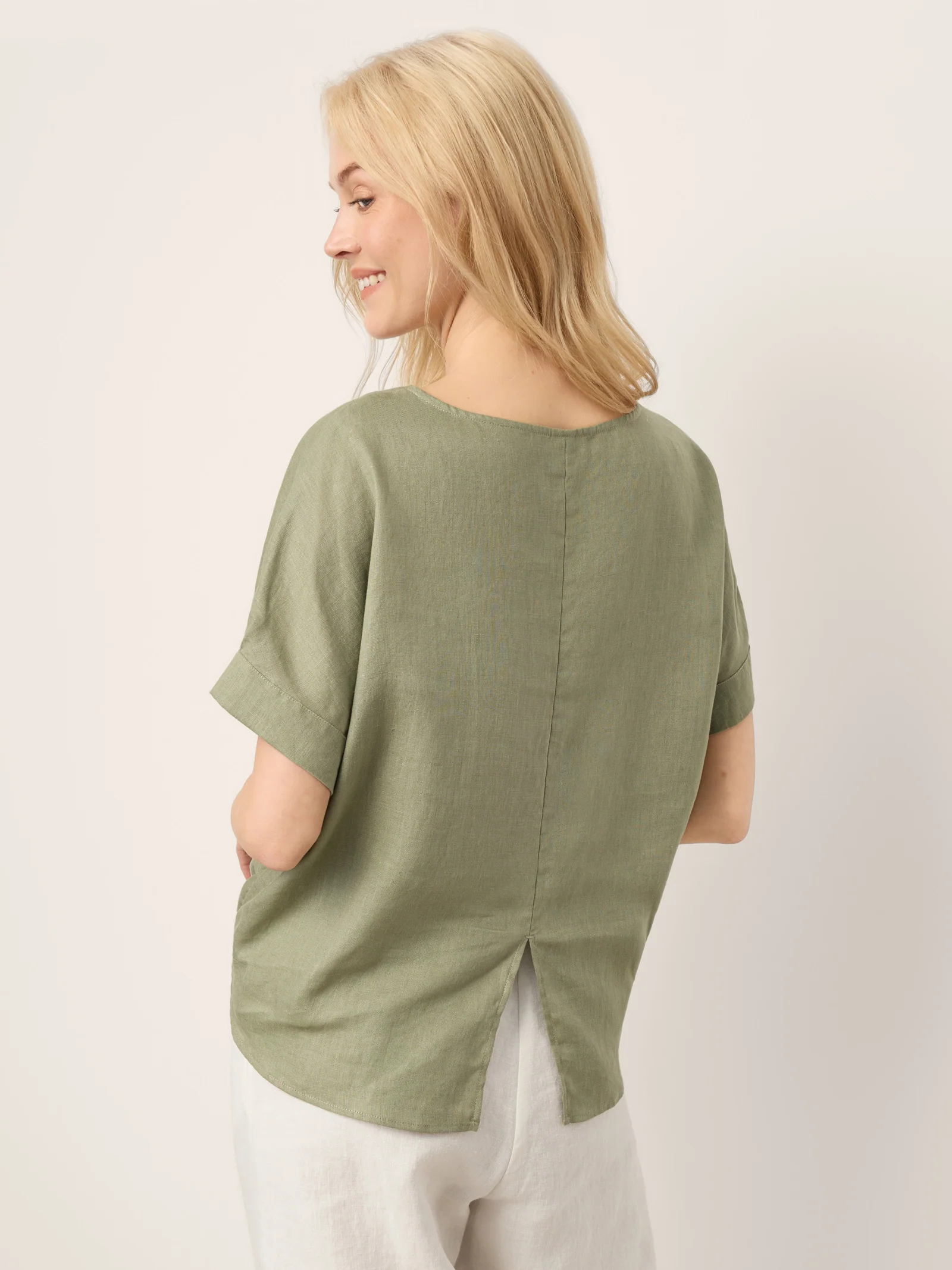100% Linen Drop Shoulder Split-Back Double Shirred Hem Top LINDSEY - Image 4
