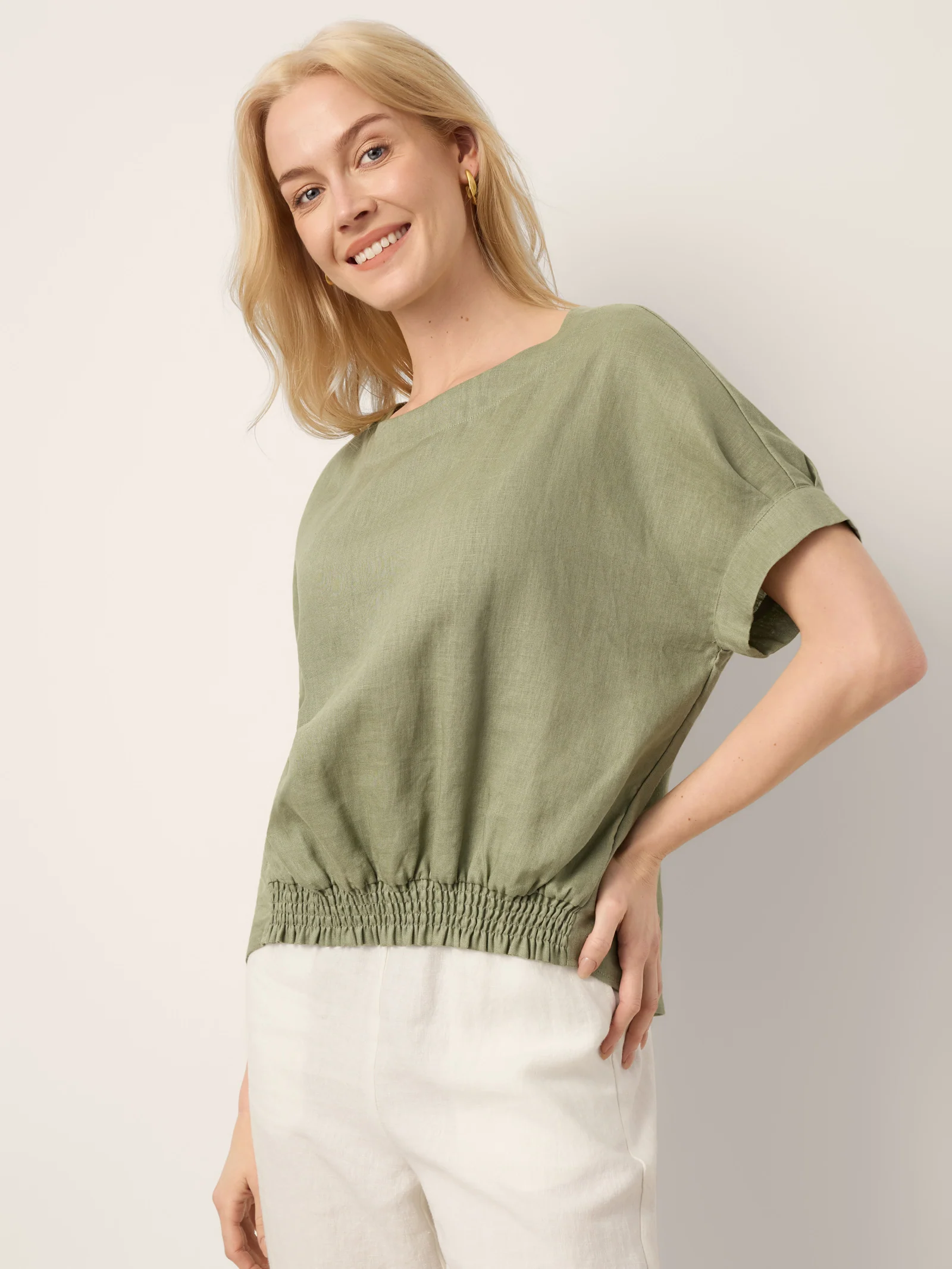 100% Linen Drop Shoulder Split-Back Double Shirred Hem Top LINDSEY - Image 5