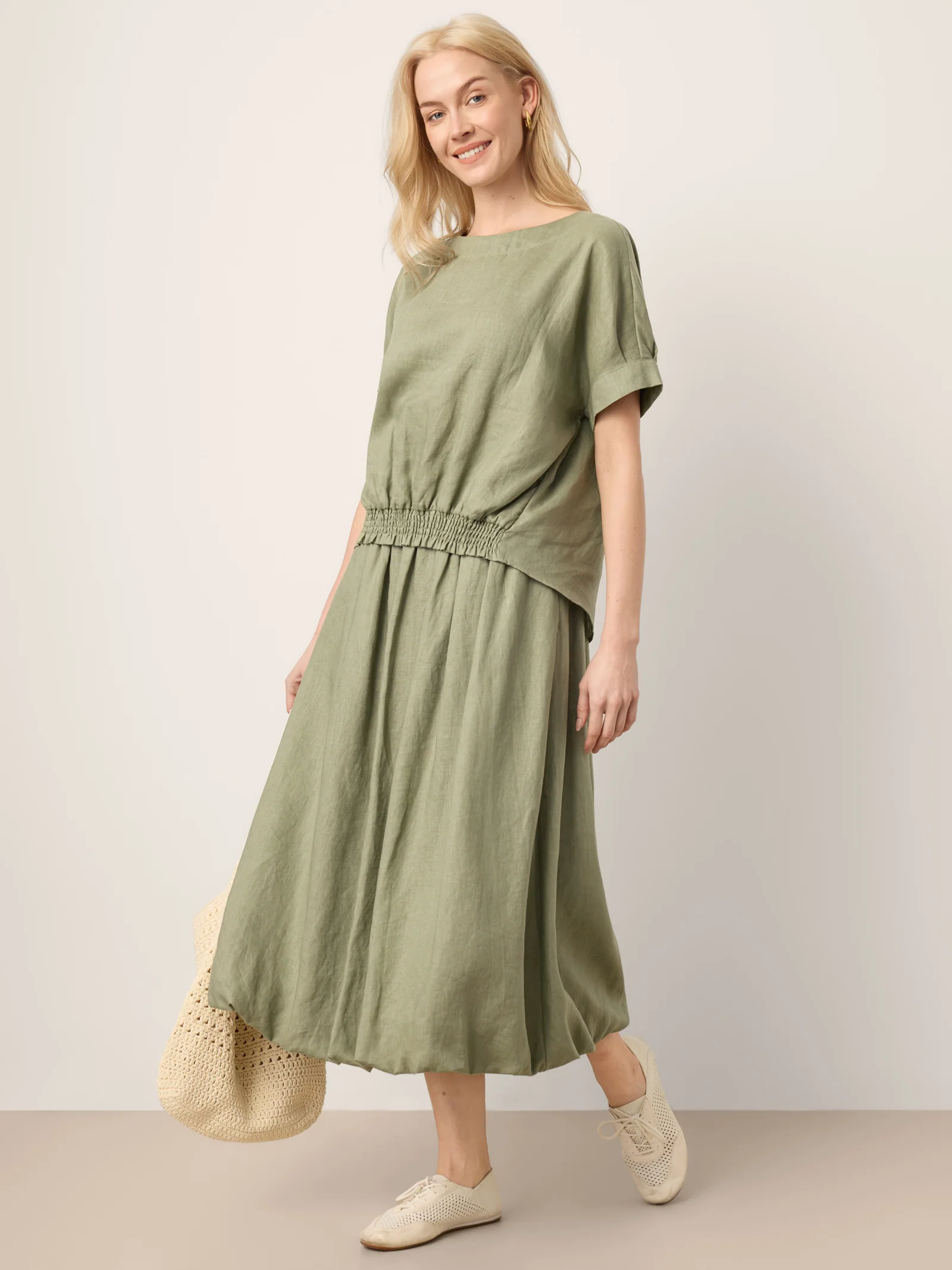 100% Linen Drop Shoulder Split-Back Double Shirred Hem Top LINDSEY - Image 9
