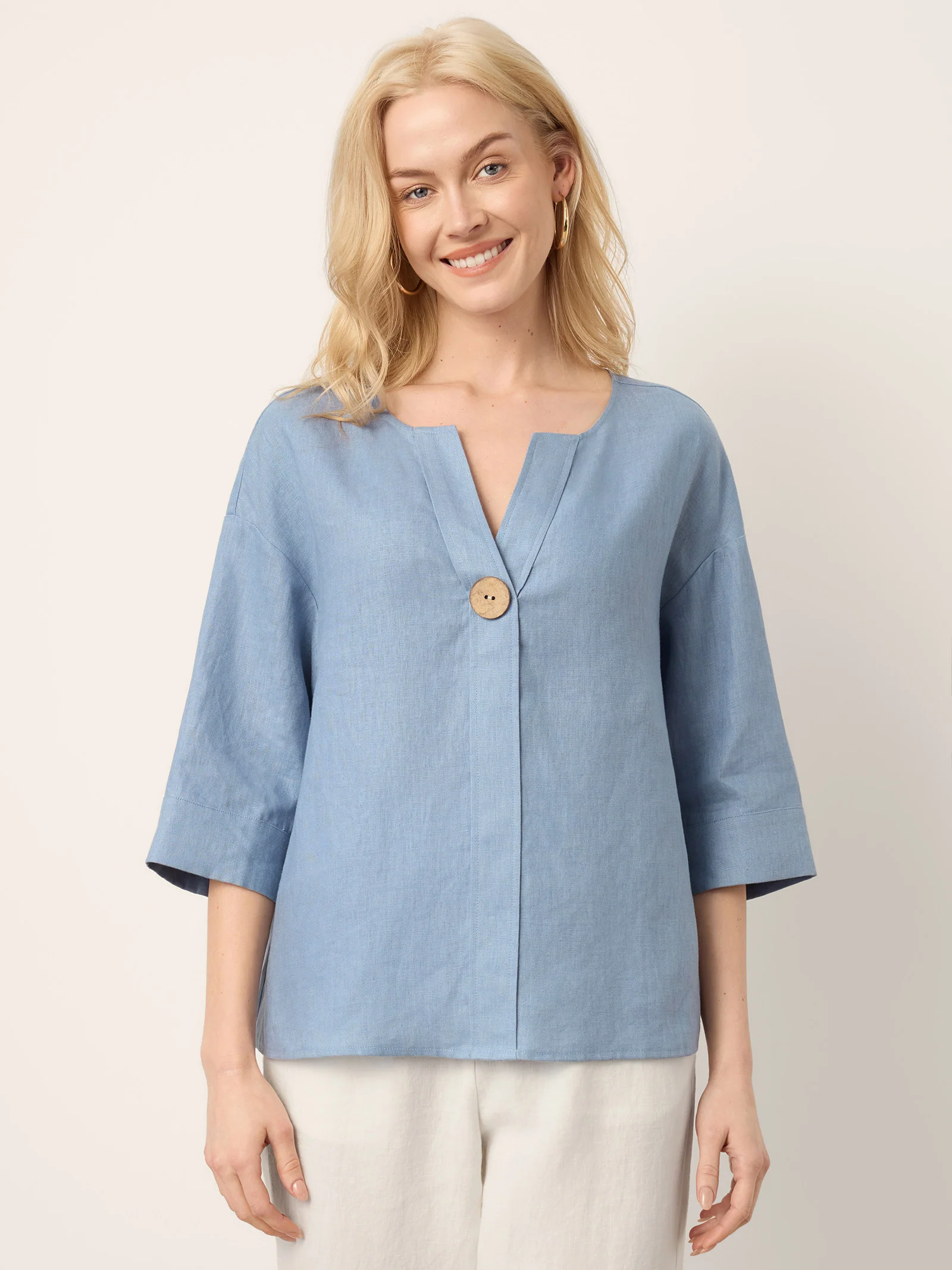 100% Linen Drop Shoulder V-Neck Statement Button Top LISARA - Image 2