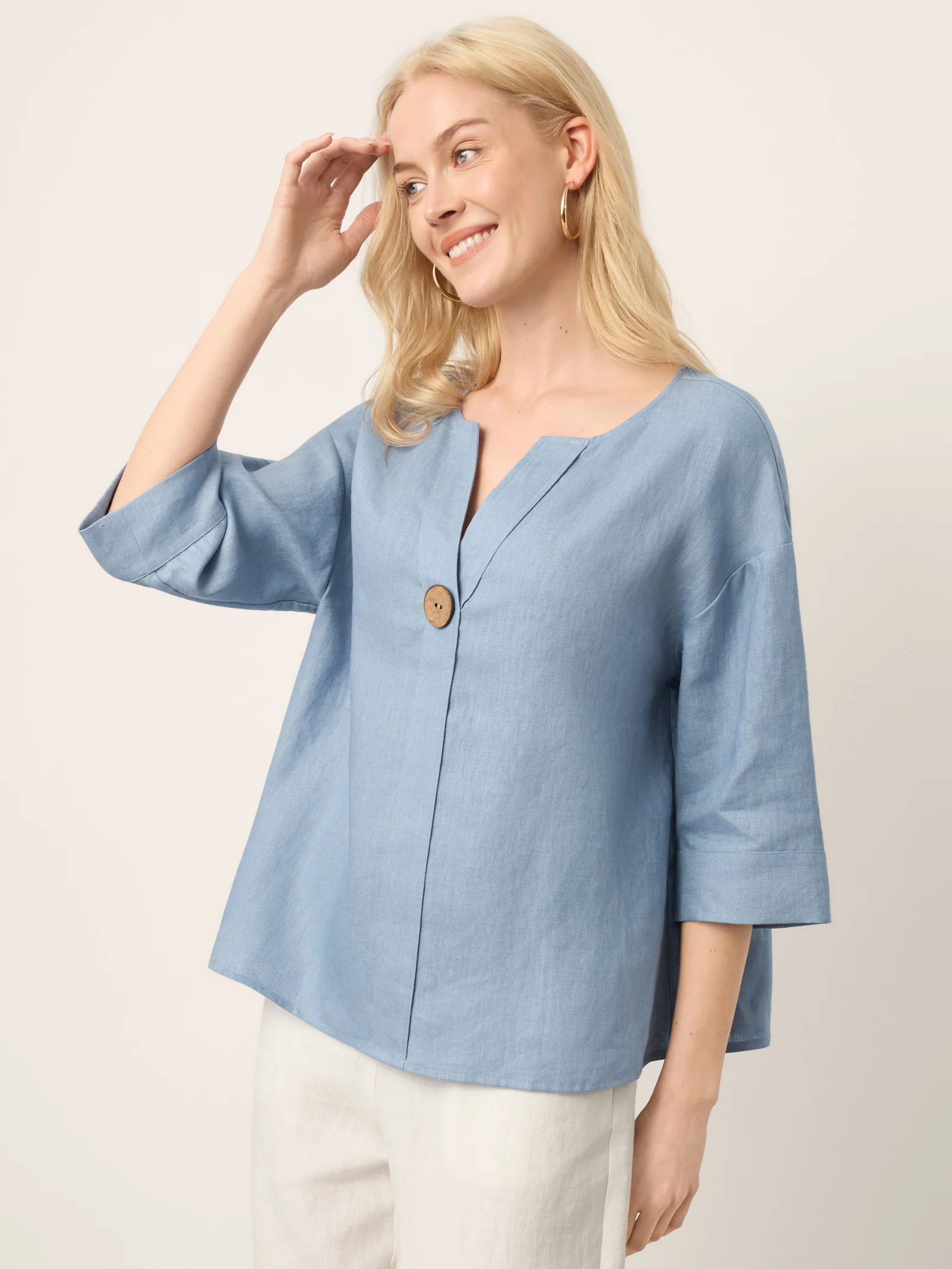 100% Linen Drop Shoulder V-Neck Statement Button Top LISARA - Image 4
