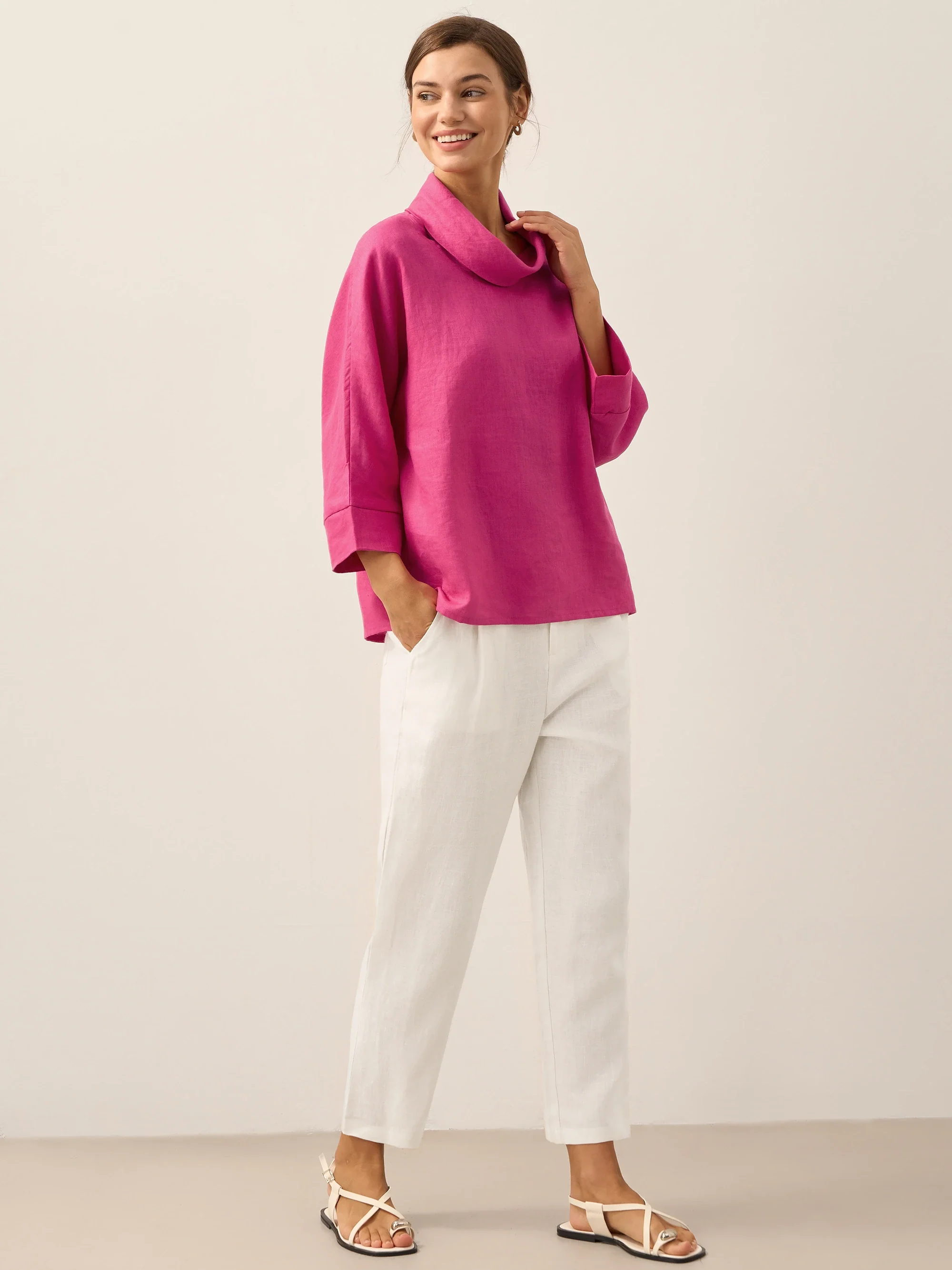 100% Linen Dropped Collar Long-Sleeve Top TRISTAN - Image 29
