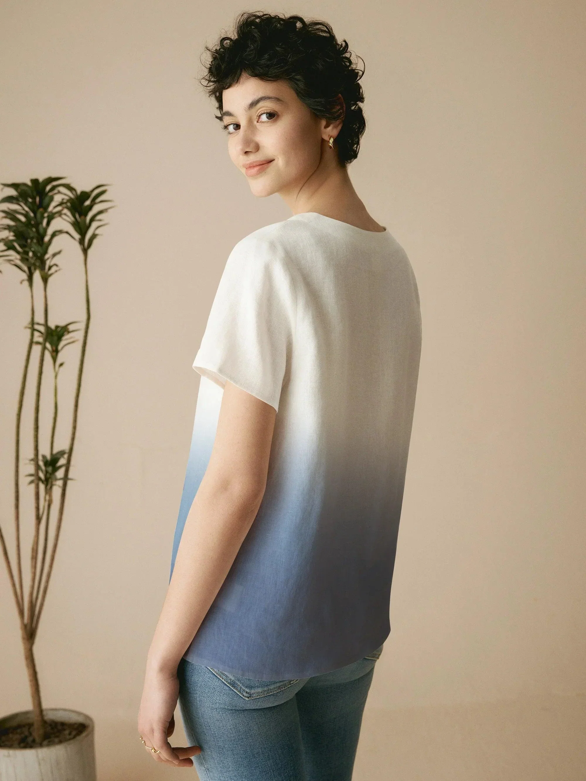 100% Linen Easy Popover V-Neck Boxy Top DAWN - Image 3