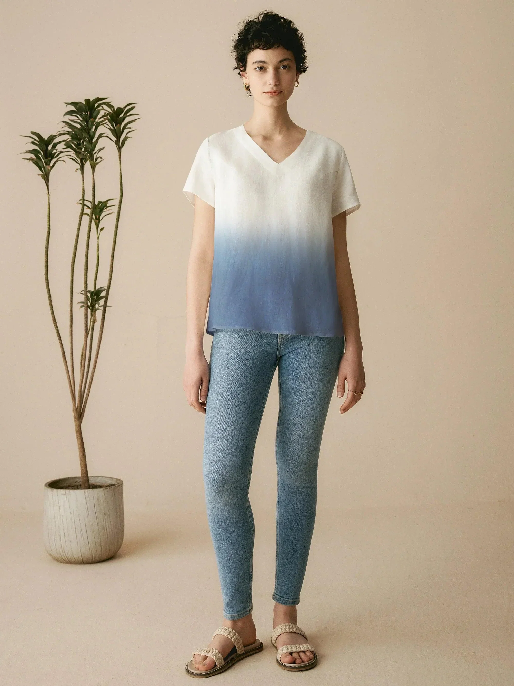 100% Linen Easy Popover V-Neck Boxy Top DAWN - Image 4
