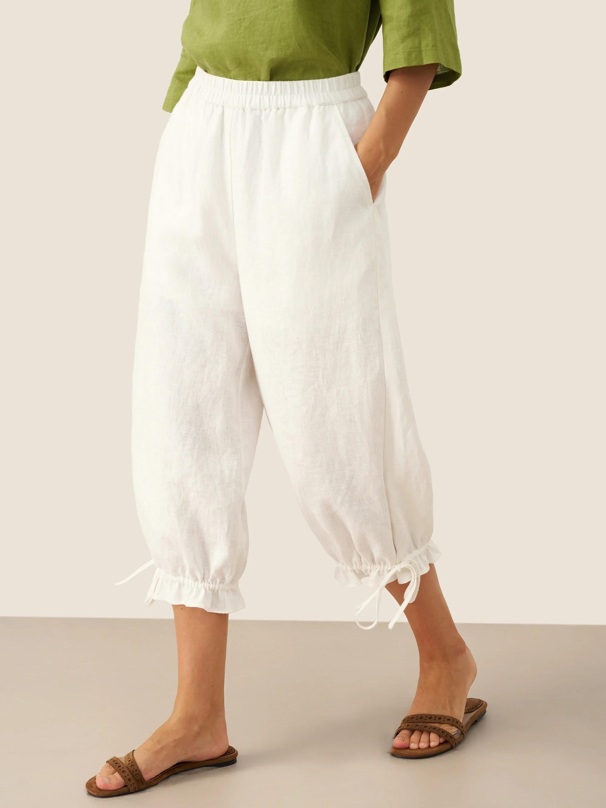 100% Linen Elastic Waist Ruffled Cuff Pants RUBY - Image 2