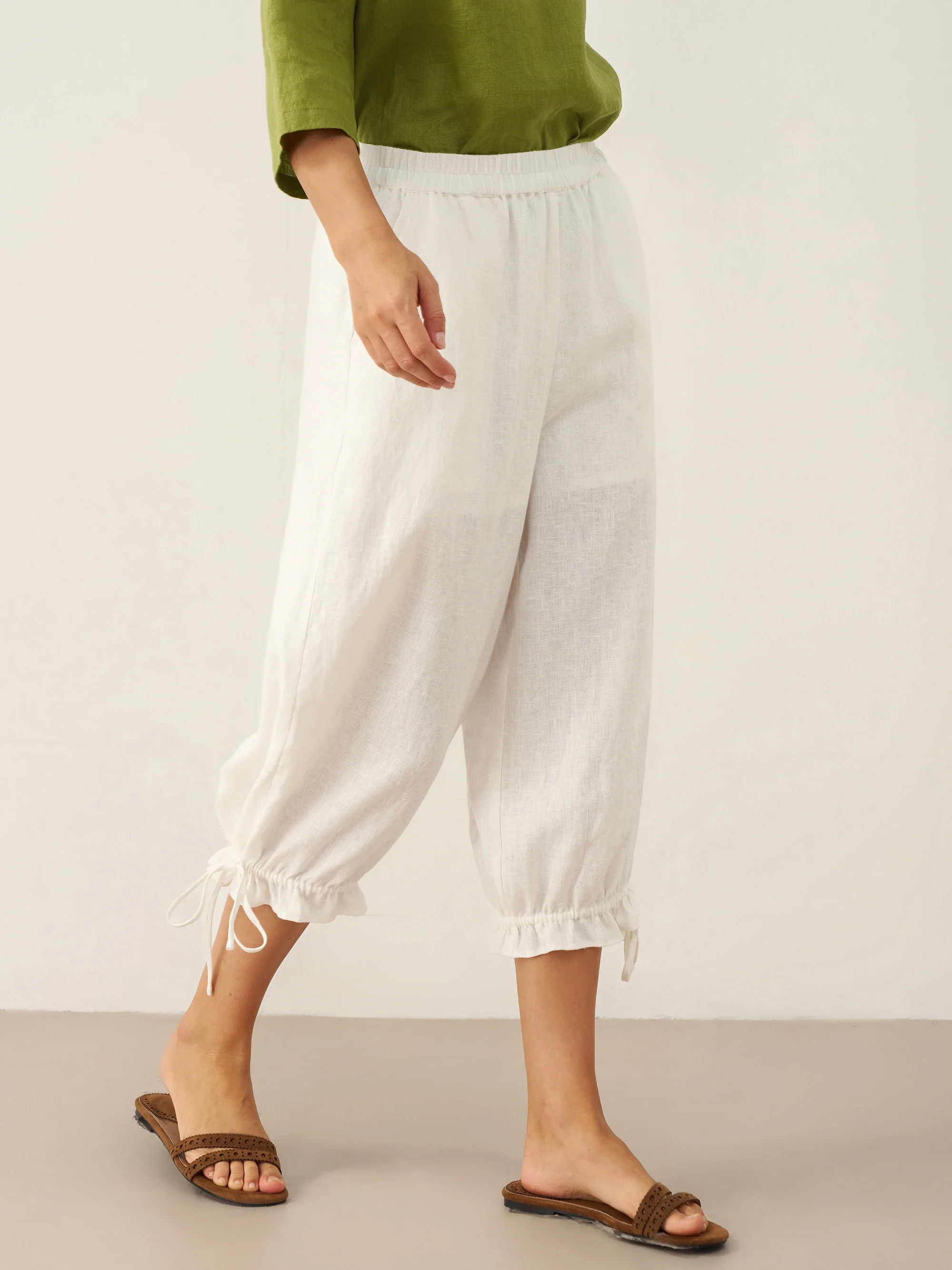 100% Linen Elastic Waist Ruffled Cuff Pants RUBY - Image 3