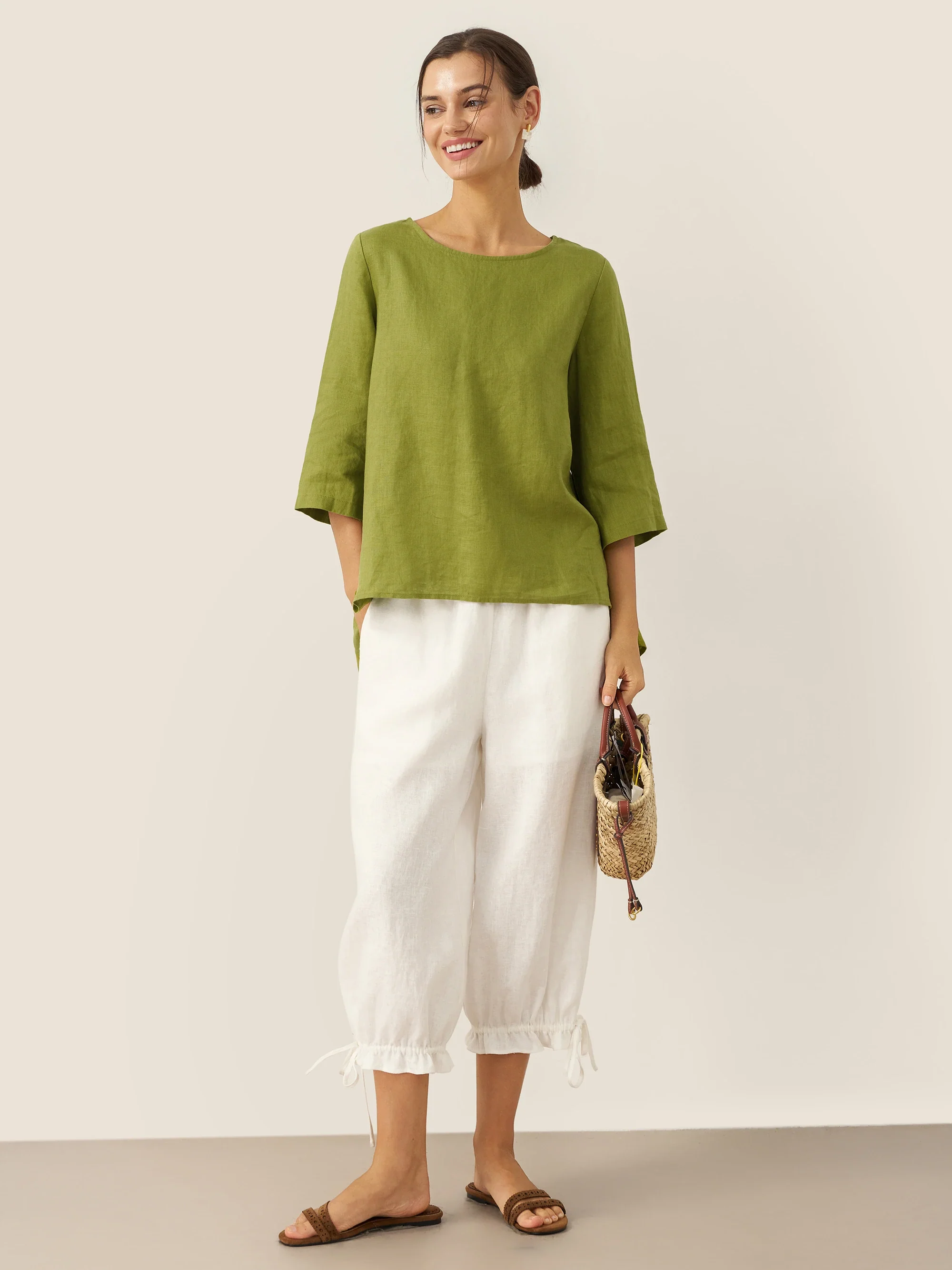 100% Linen Elastic Waist Ruffled Cuff Pants RUBY - Image 5