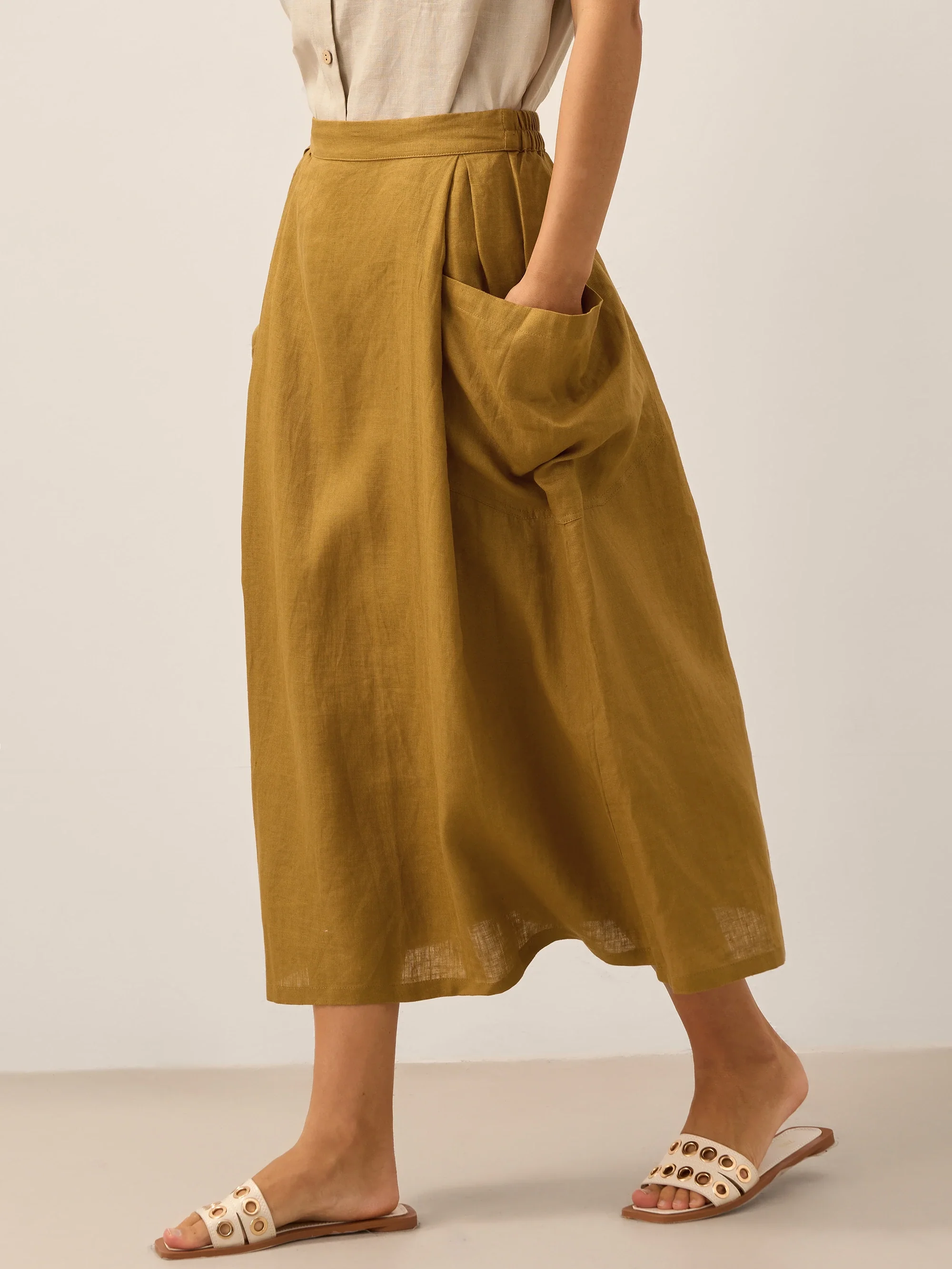Linen Checked Elastic Waist Skirt MARINA - Image 20