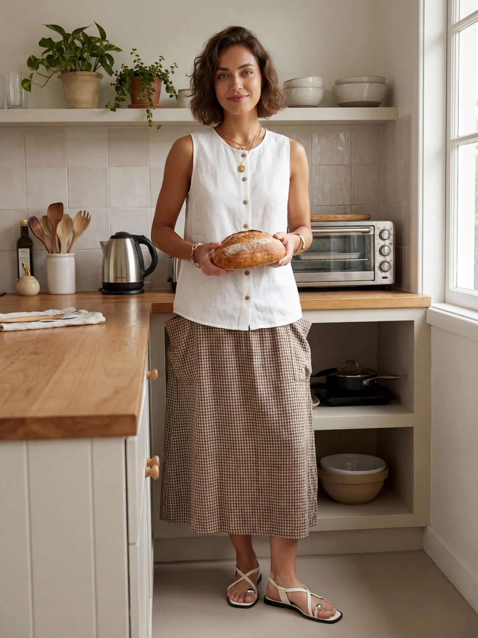 Linen Checked Elastic Waist Skirt MARINA - Image 3
