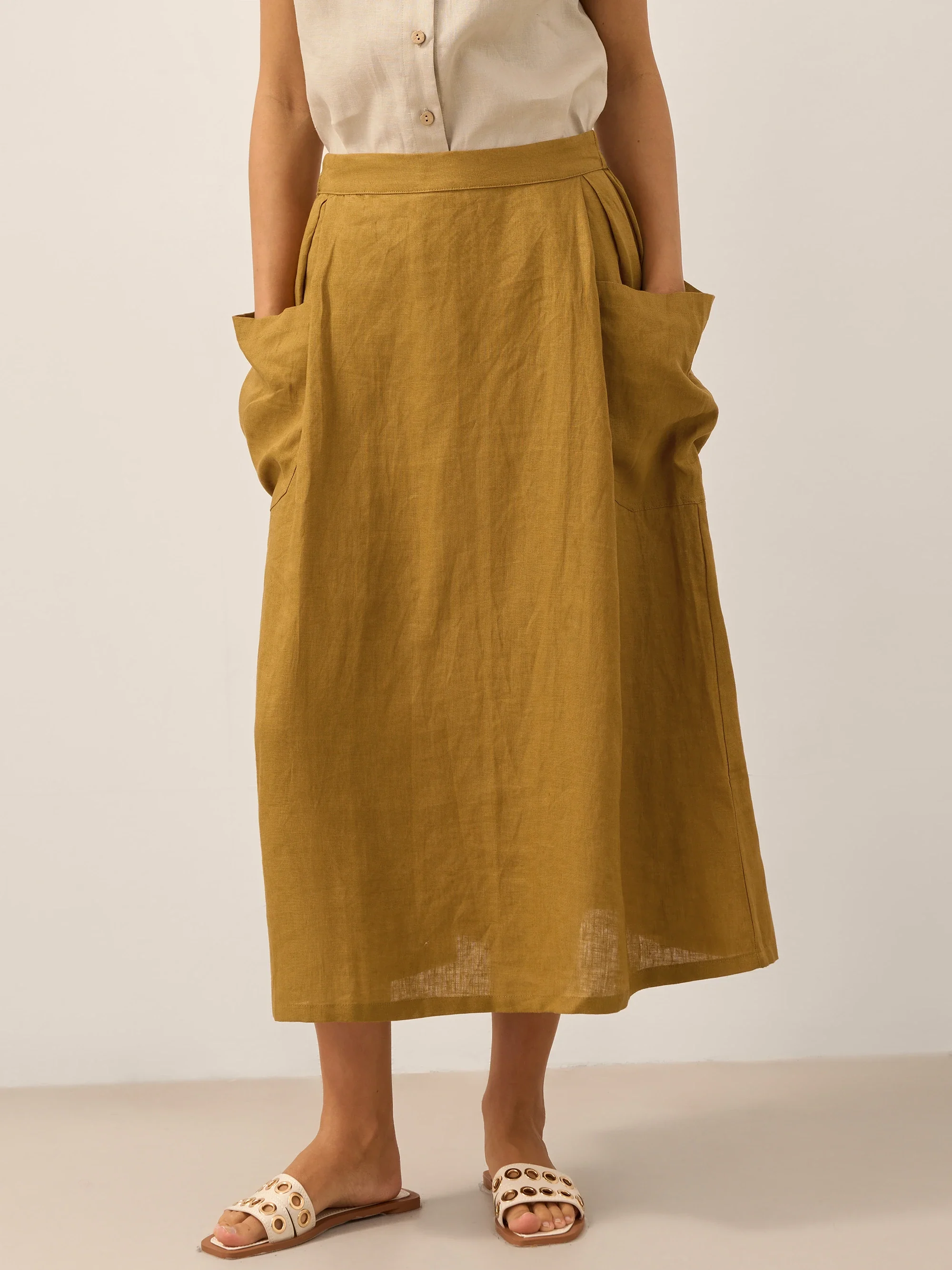 Linen Checked Elastic Waist Skirt MARINA - Image 19