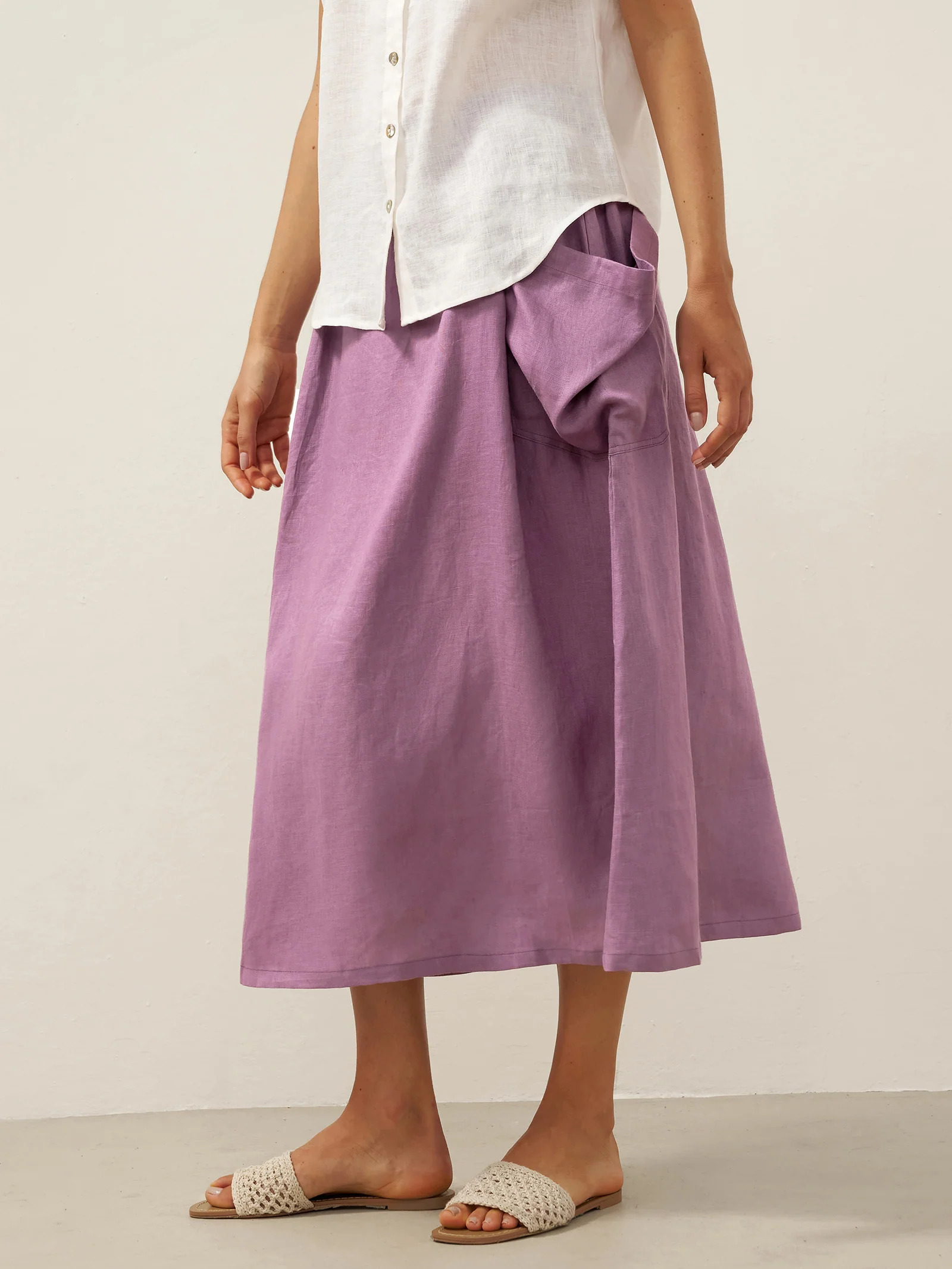Linen Checked Elastic Waist Skirt MARINA - Image 29