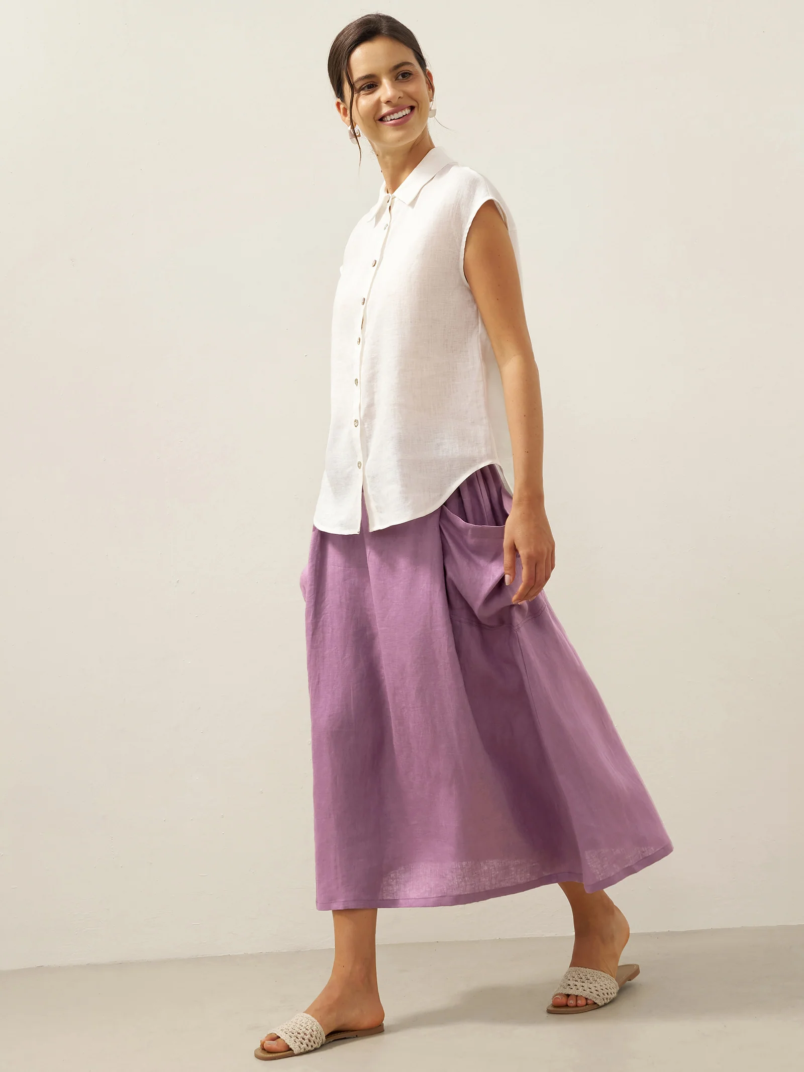 Linen Checked Elastic Waist Skirt MARINA - Image 30