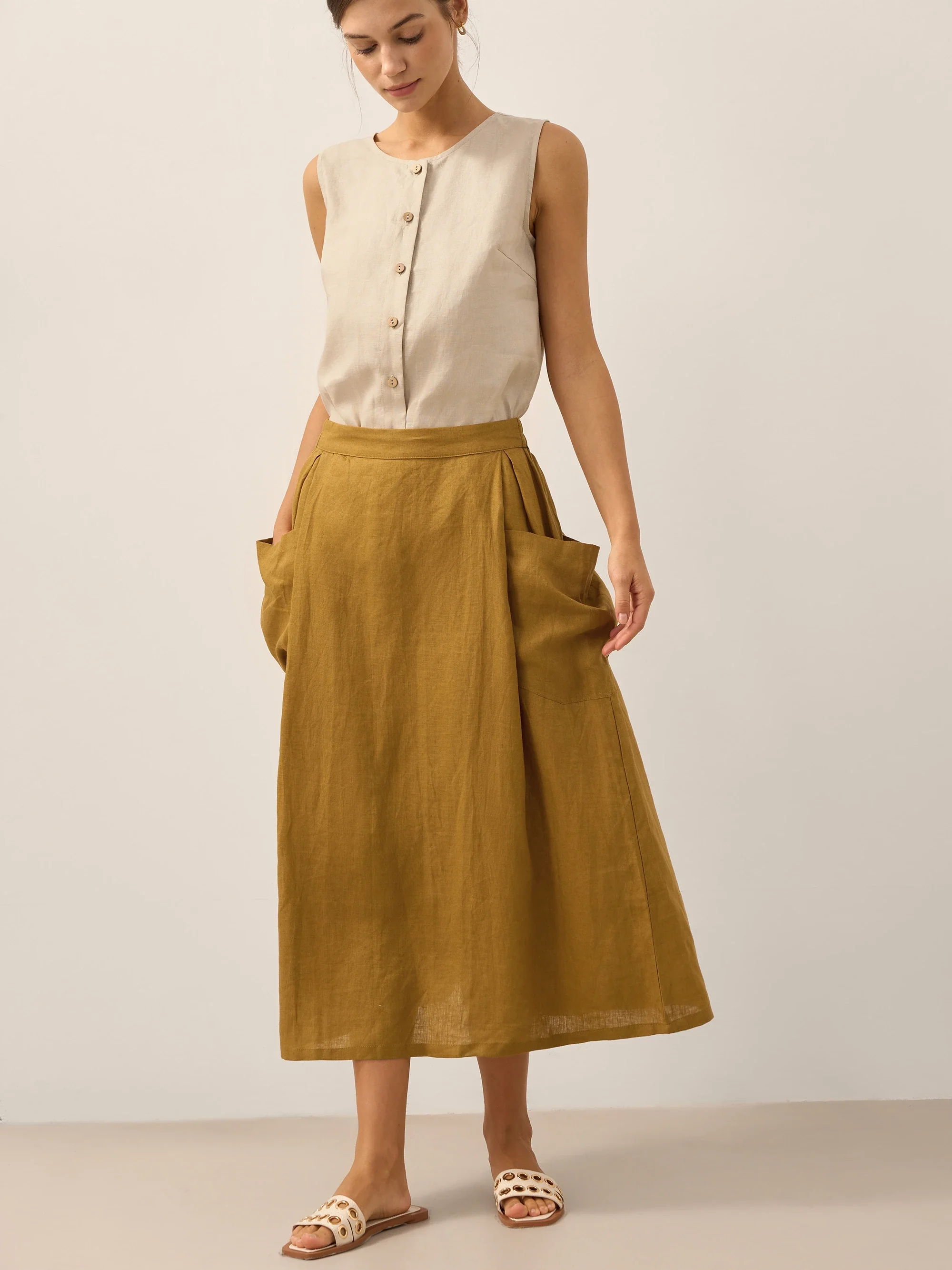 Linen Checked Elastic Waist Skirt MARINA - Image 22