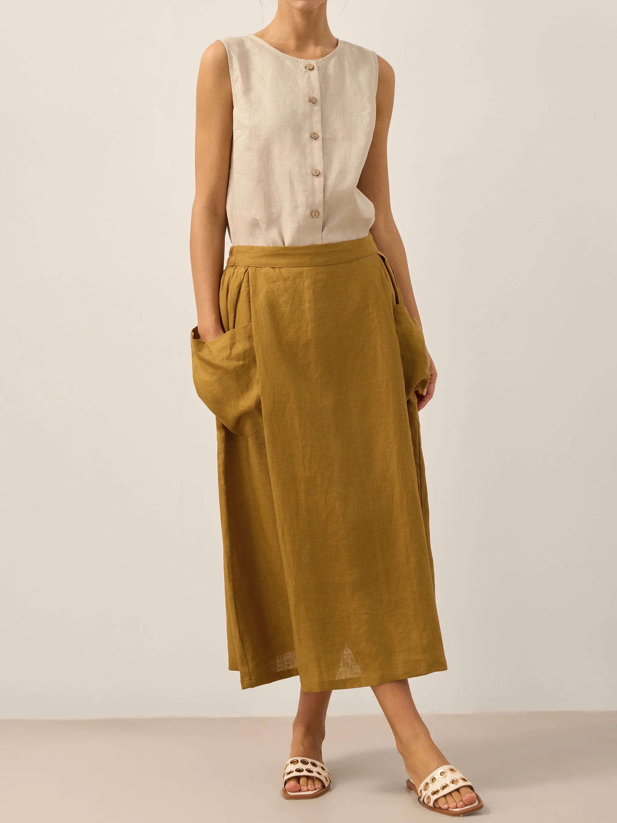 Linen Checked Elastic Waist Skirt MARINA - Image 23