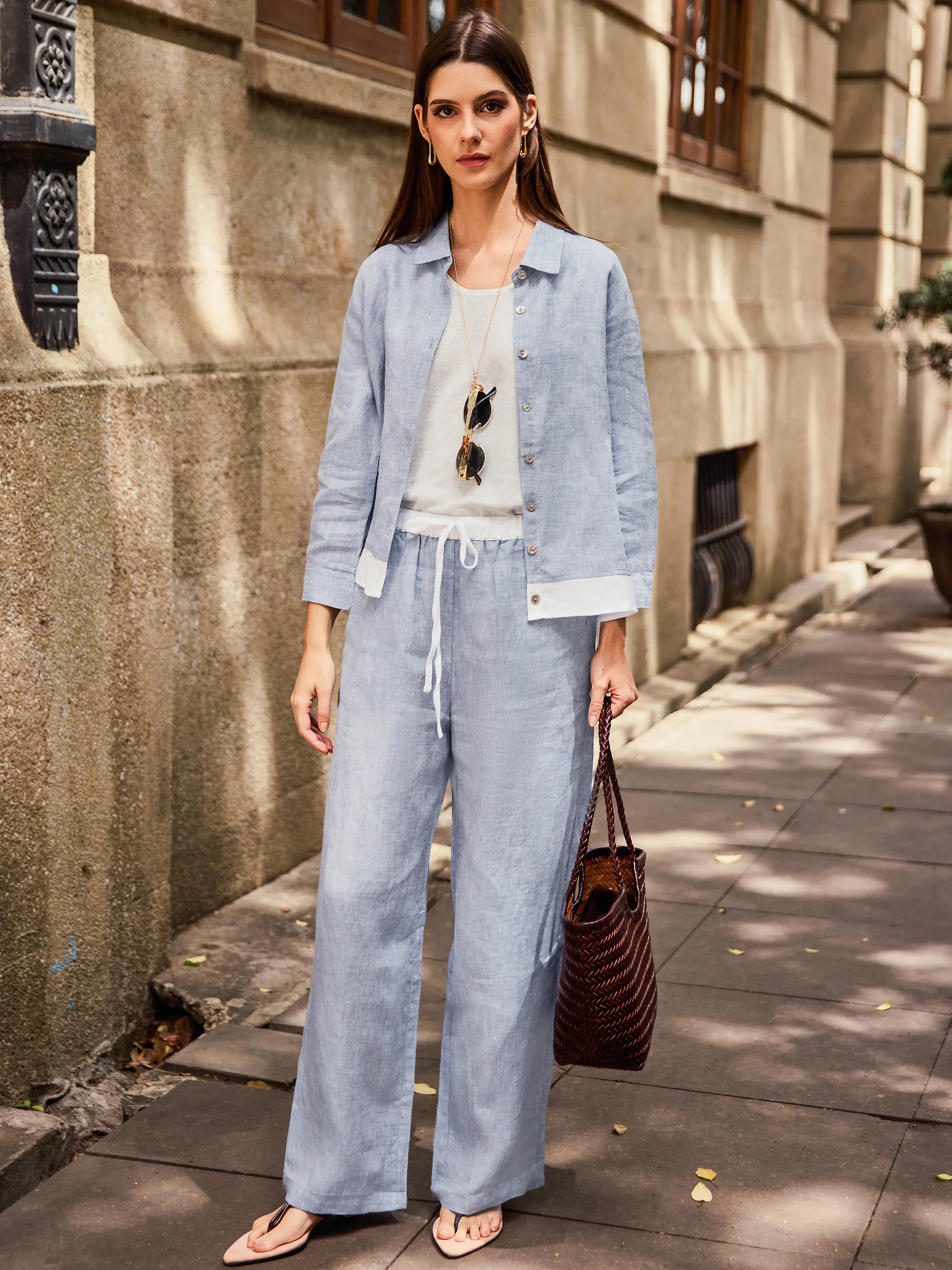 100% Linen Elastic Waist Straight-Leg Trousers JOURDAN - Image 2