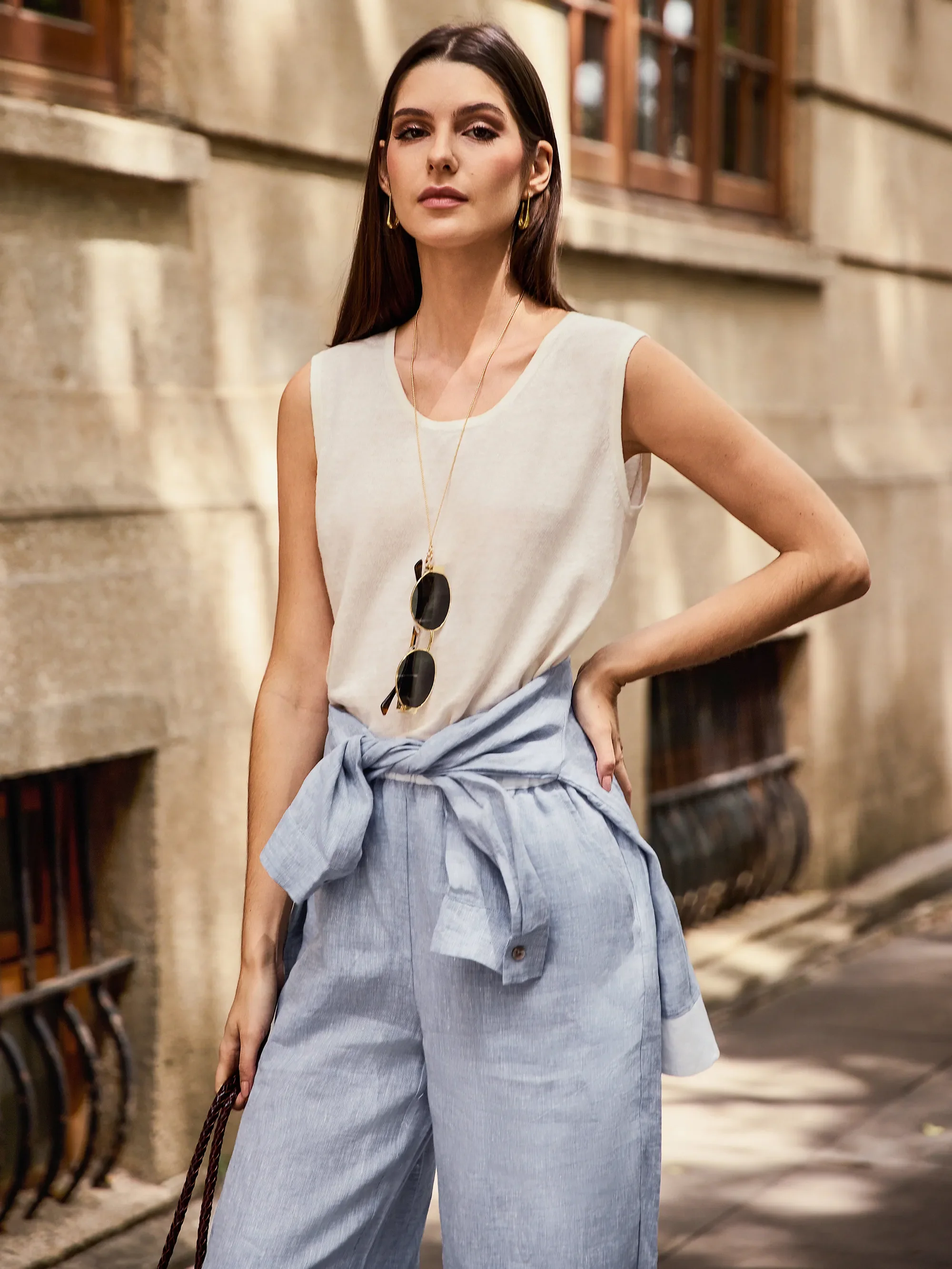 100% Linen Elastic Waist Straight-Leg Trousers JOURDAN - Image 3