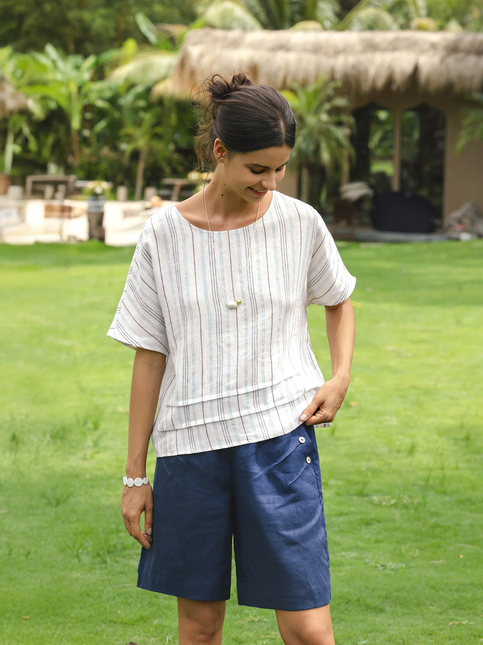 100% Linen Elastic Waistband Capri Pants ANNA - Image 2