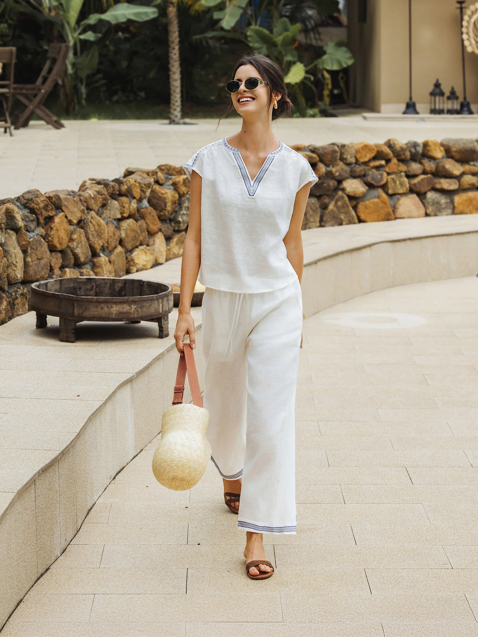 100% Linen Embroidered Elastic Waist Pants FENE - Image 2