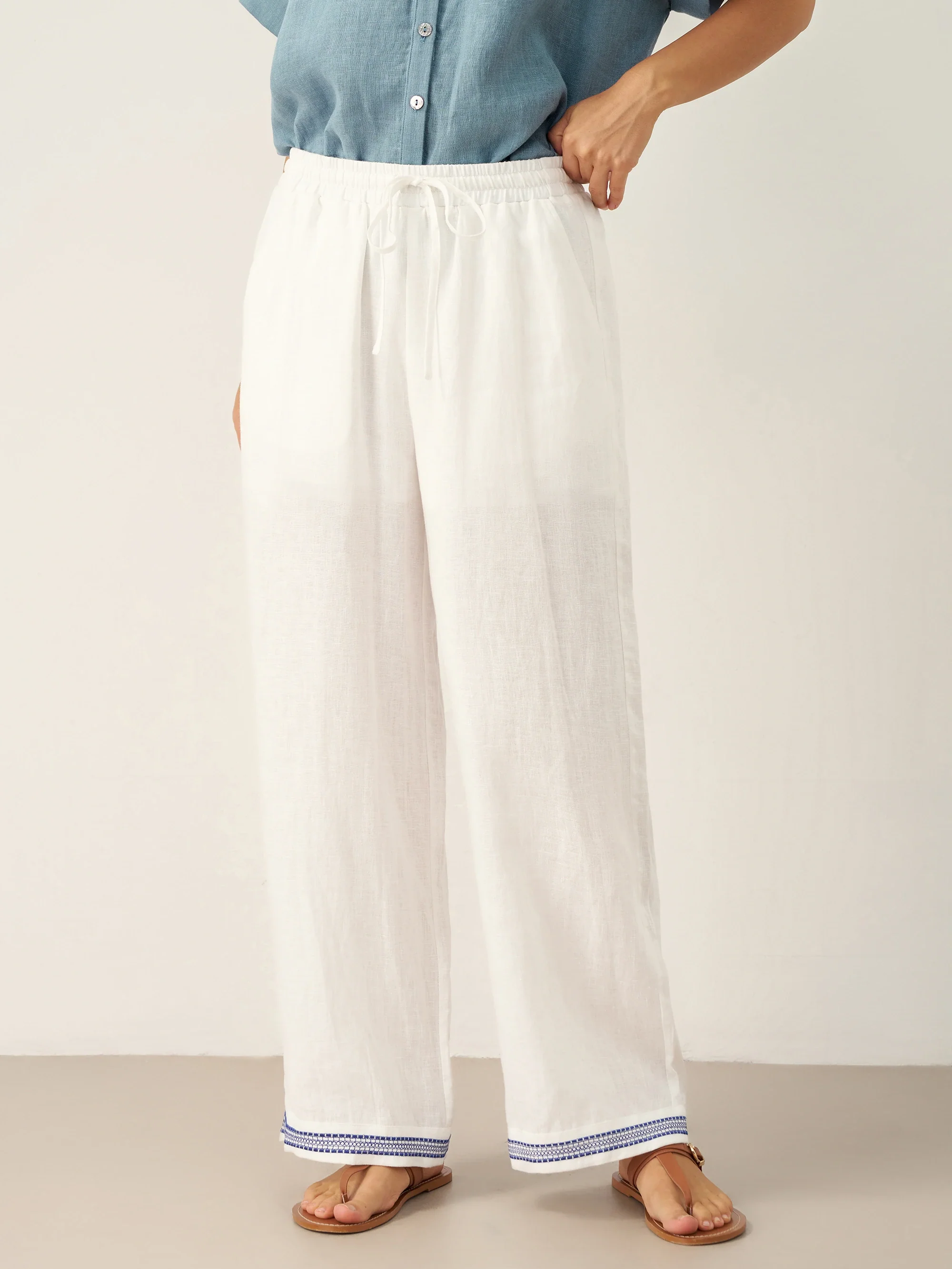 100% Linen Embroidered Elastic Waist Pants FENE - Image 5
