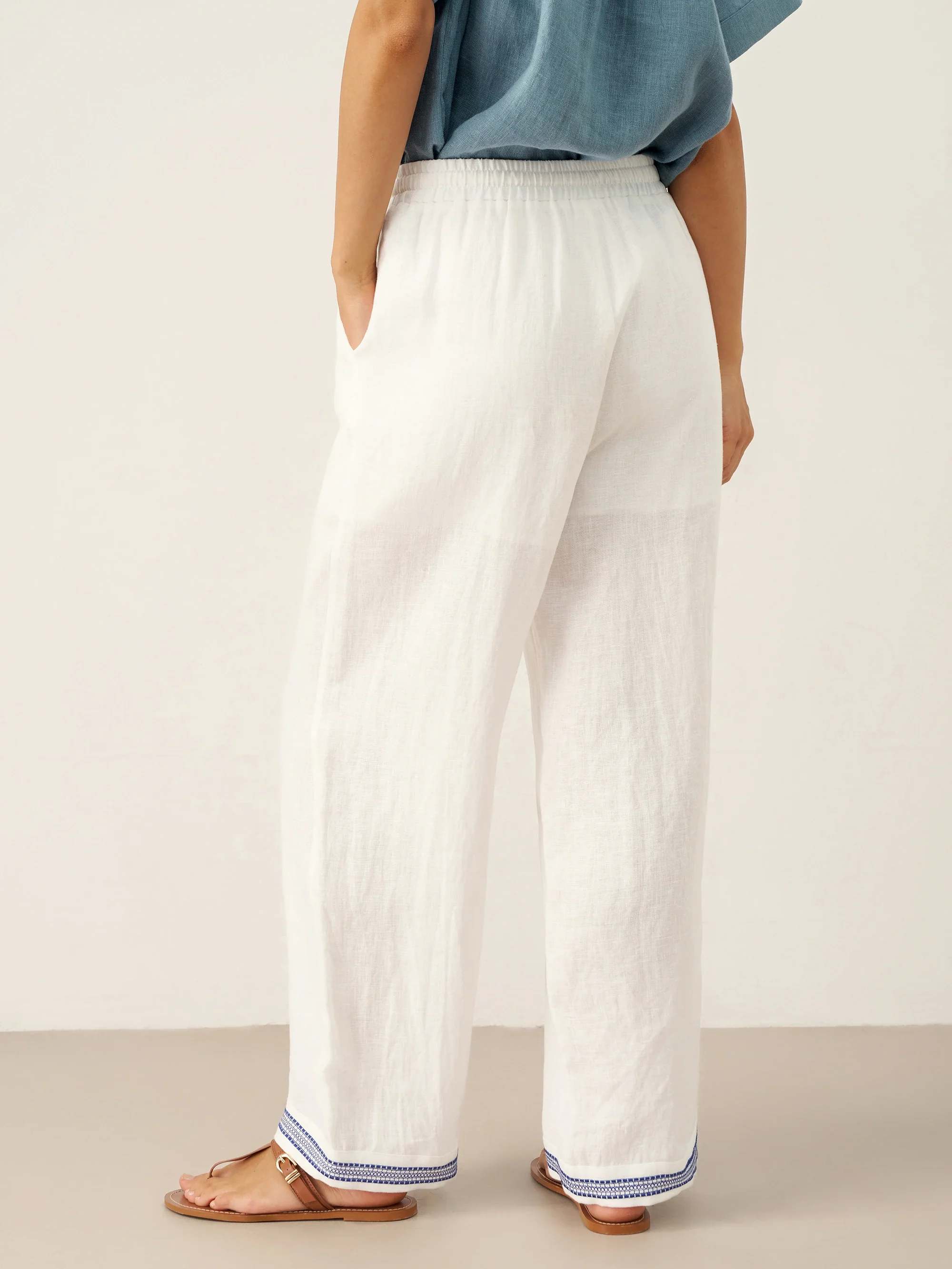 100% Linen Embroidered Elastic Waist Pants FENE - Image 6