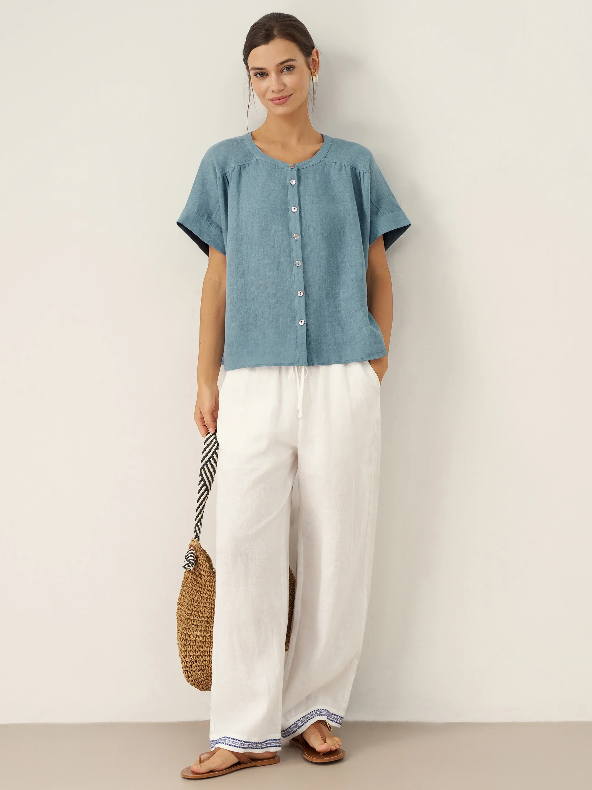100% Linen Embroidered Elastic Waist Pants FENE - Image 7